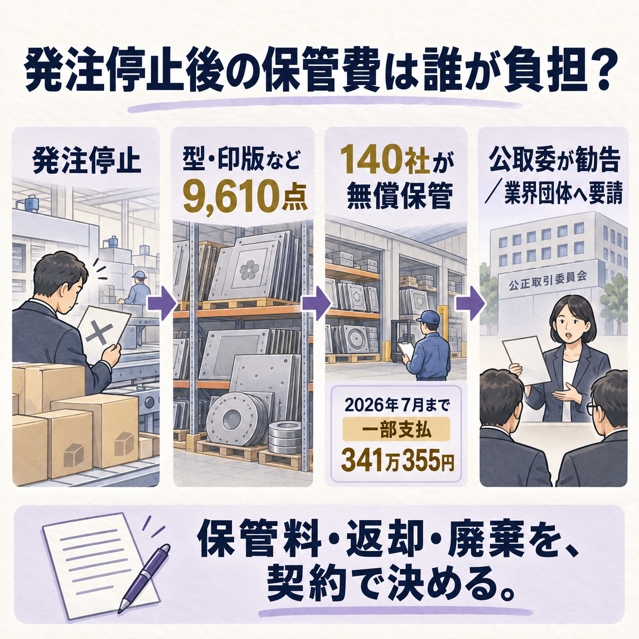 発注停止後の印版や型の保管費が納入先に残り、公取委が負担の見直しを求めた流れを示す概要図