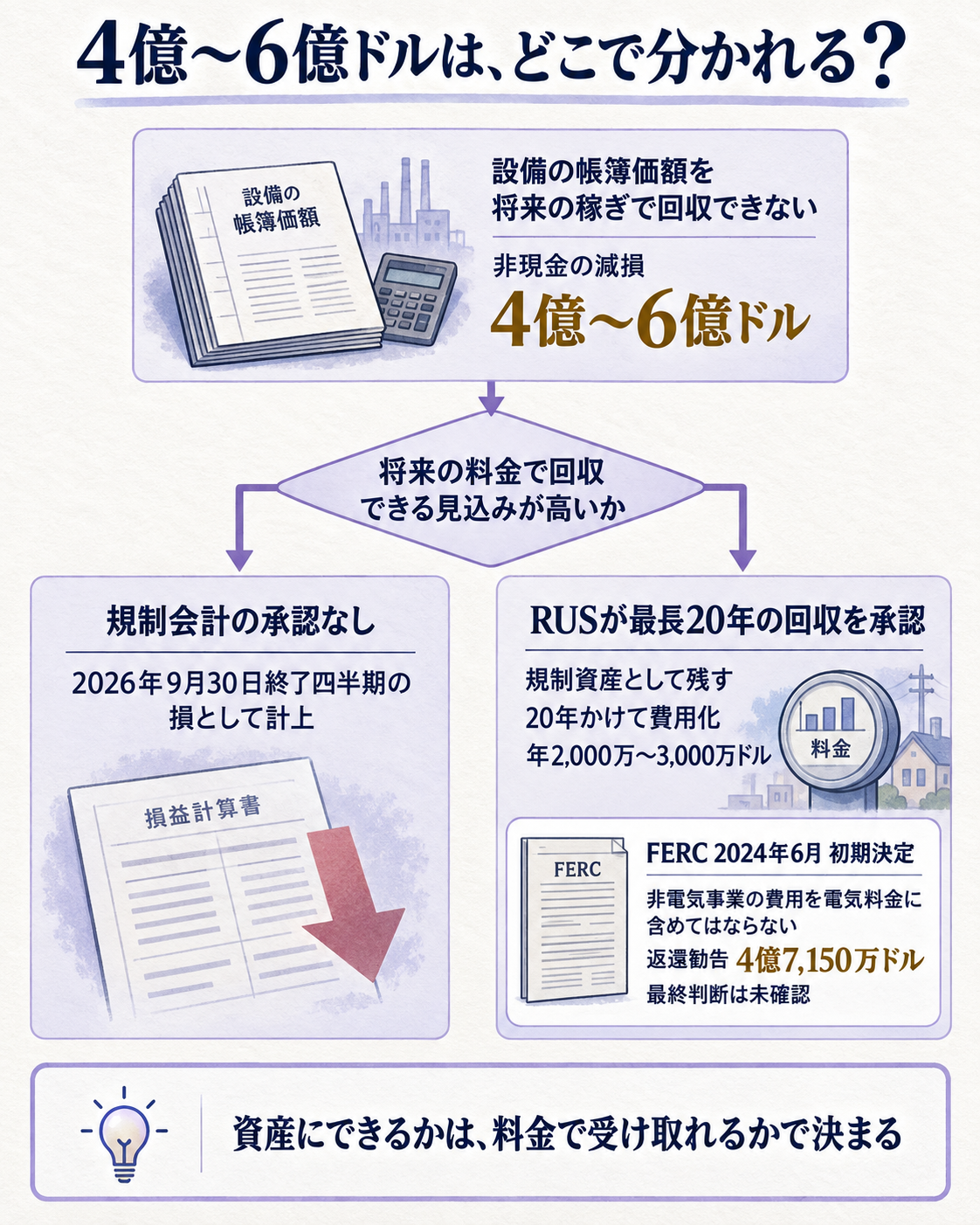 減損・規制資産・料金回収の3つの流れが分かれる仕組みを示す図