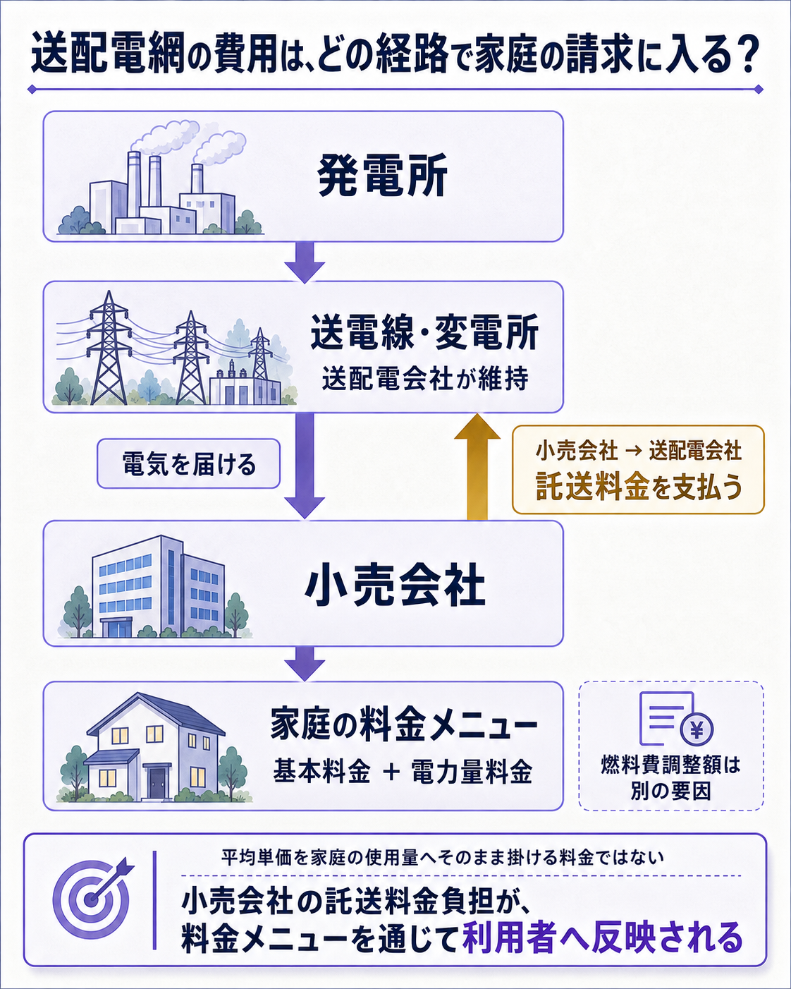 送配電会社の費用が小売料金へ届く経路と、請求書で変わる項目