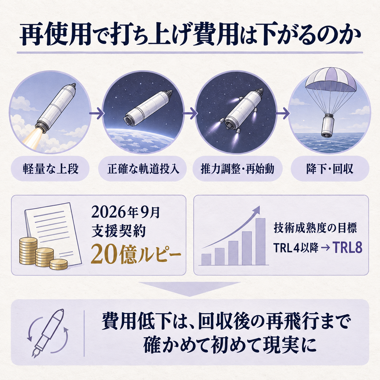 再使用型ロケットの開発資金が、技術試験を経て打ち上げごとの費用低下を目指す因果を示す概要図