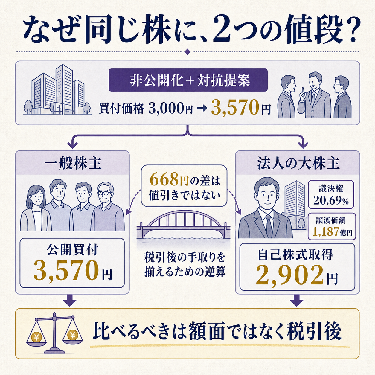 同じ会社の株に2つの値段がついた理由を一本の因果で示す概要図。カカクコムの買収では一般株主が1株3,570円で応募するのに対し、20.69%を持つデジタルガレージだけが2,902円の自己株式取得に応じる設計になっており、その差668円は損失ではなく、みなし配当の益金不算入により法人株主の税引後手取りが揃うよう逆算された結果であることを、3,570円・2,902円・1,187億円という根拠数値で示し、手取りは額面ではなく税引後で比べるものだと結論づける図