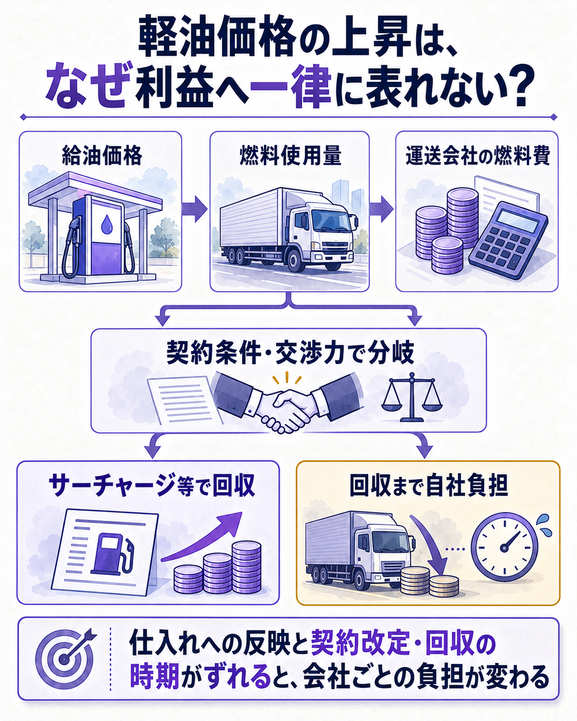 燃料価格が変わってから運送会社が運賃で回収するまでの時間差を示す図