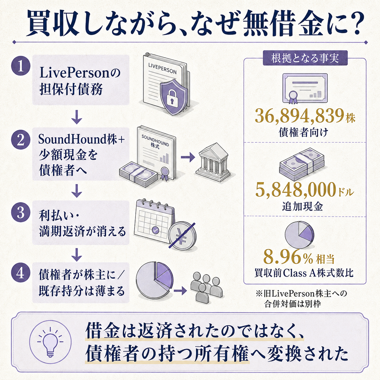 SoundHound AIがLivePersonを買収しながら無借金になった仕組みを一本の因果で示す概要図。変化として、買収対象が抱えていた担保付債務を現金返済ではなくSoundHound株へ置き換えたことを示す。原因として、債権者が固定返済を受ける立場から株価の上下を引き受ける株主へ移ったこと、SoundHound側では利払いと満期返済が消える一方で既存株主の持分が薄まることをつなぐ。根拠数値は債権者向け3,689万4,839株、追加現金584万8,000ドル、買収前Class A株式数の約9%相当の3点。一文の結論は、借金は返済されたのではなく所有権へ変換された、とする