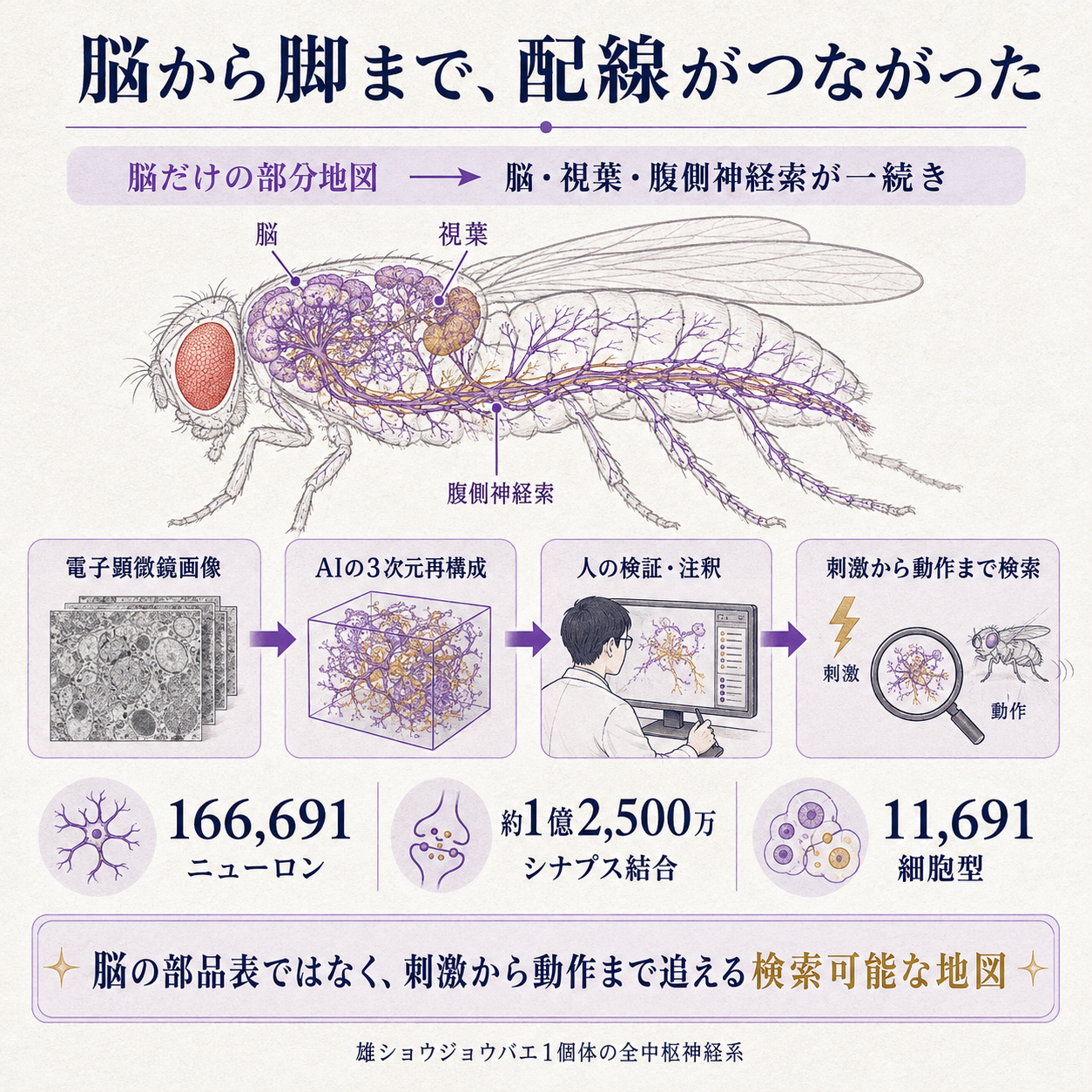 雄ショウジョウバエの中枢神経系が脳から脚を動かす神経索まで一本につながった意味を示す概要図。変化として、従来の脳だけの地図から、感覚入力と運動出力を結ぶ全中枢神経系の地図へ進んだことを置く。仕組みとして、電子顕微鏡の画像をAIが三次元の神経形状へ組み立て、人が誤りを直して細胞型を付けた流れを示す。根拠数値は16万6,691ニューロン、約1億2,500万シナプス結合、1万1,691細胞型の3点。一文の結論は、脳の部品表ではなく刺激から動作までを追える検索可能な地図ができた、とする