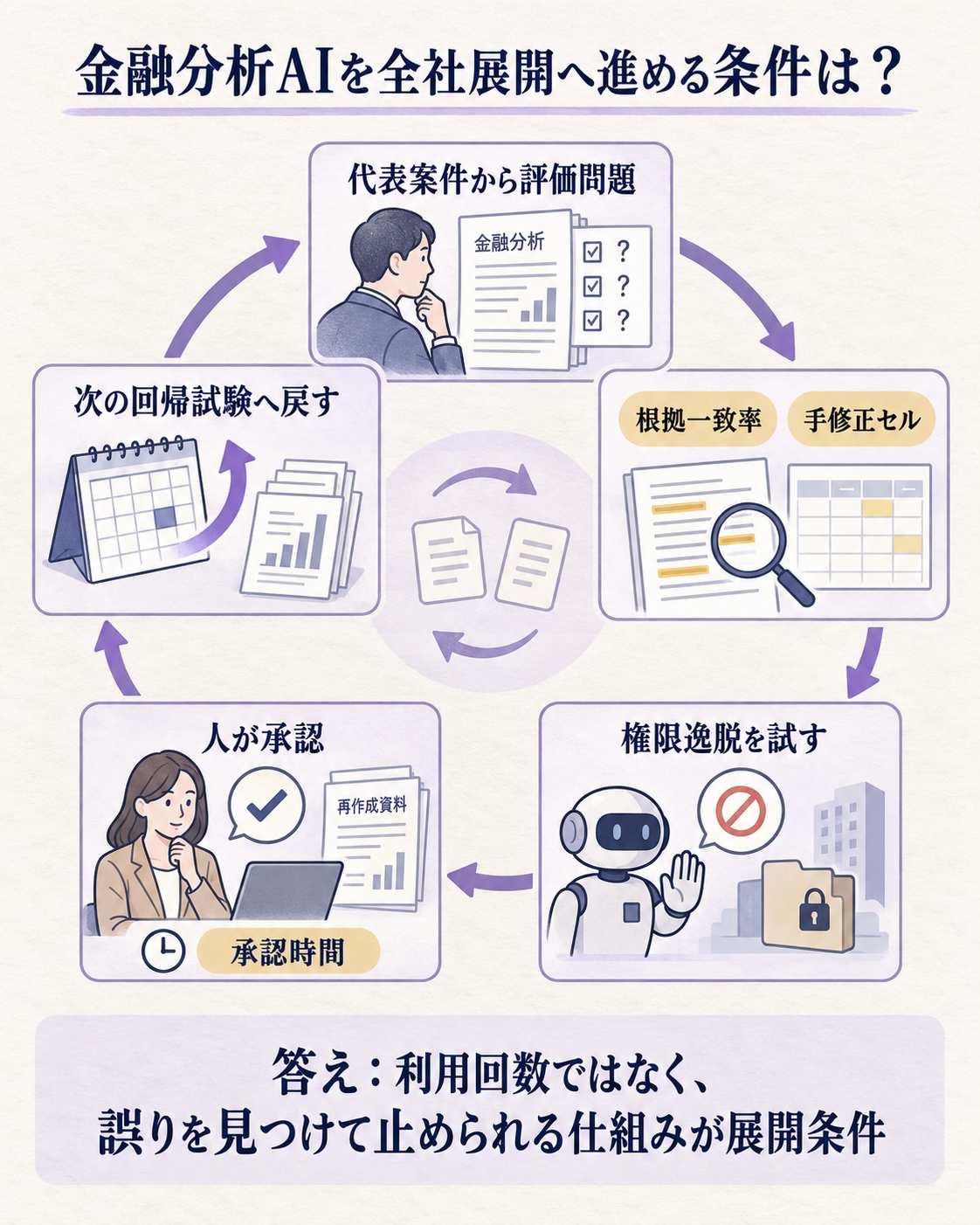 金融分析AIを導入するとき、速さだけでなく再現性と統制を測る運用ループを示す縦長図。問いは、試験導入を全社展開へ進める条件は何か。代表案件から評価問題を作る、根拠一致率とセル修正数を測る、権限逸脱と情報漏えいを試す、人が承認した結果を次の回帰試験へ戻す流れを描く。主要要素は根拠一致率、手修正セル、再作成資料、権限逸脱、承認時間。答えは、利用回数ではなく、誤りを見つけて止められる仕組みが展開条件になる、とする