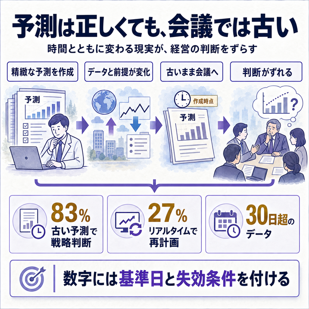 予測が正しく作られても意思決定時には古くなる因果を示す概要図