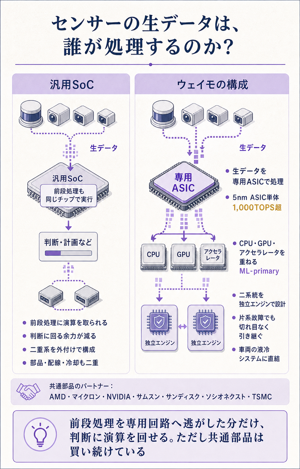 自動運転の計算機がなぜ自社設計になったのかを、汎用チップを使う構成と専用ASICを持つ構成の対比で説明する図。上段に問いを置く。センサーの生データは誰が処理するのか。中段を2列に分ける。左は汎用SoCで一通りこなす構成で、前段処理に演算を取られ、判断に回せる余力が減り、二重系は外付けで作るため部品と冷却が二重になる。右はウェイモの構成で、自社設計5ナノメートルASICがライダー・レーダー・カメラの生ストリームと低照度の時間方向ノイズ除去を引き受け、ASIC単体で1,000TOPS超、その上にCPU・GPU・アクセラレータを重ねるML-primary構成、二系統を最初から独立エンジンとして設計し片系故障で切れ目なく引き継ぐ、冷却は車両の液冷に直結。下段に一文の答えを置く。センサーとアルゴリズムを自分で決められる会社にとって前段処理はカタログ品では最適化しきれず、そこを専用回路に逃がした分だけ判断に演算を回せる。パートナーとしてAMD・マイクロン・NVIDIA・サムスン・サンディスク・ソシオネクスト・TSMCの7社が残っていることも併記し、全面内製ではないことを示す構造図