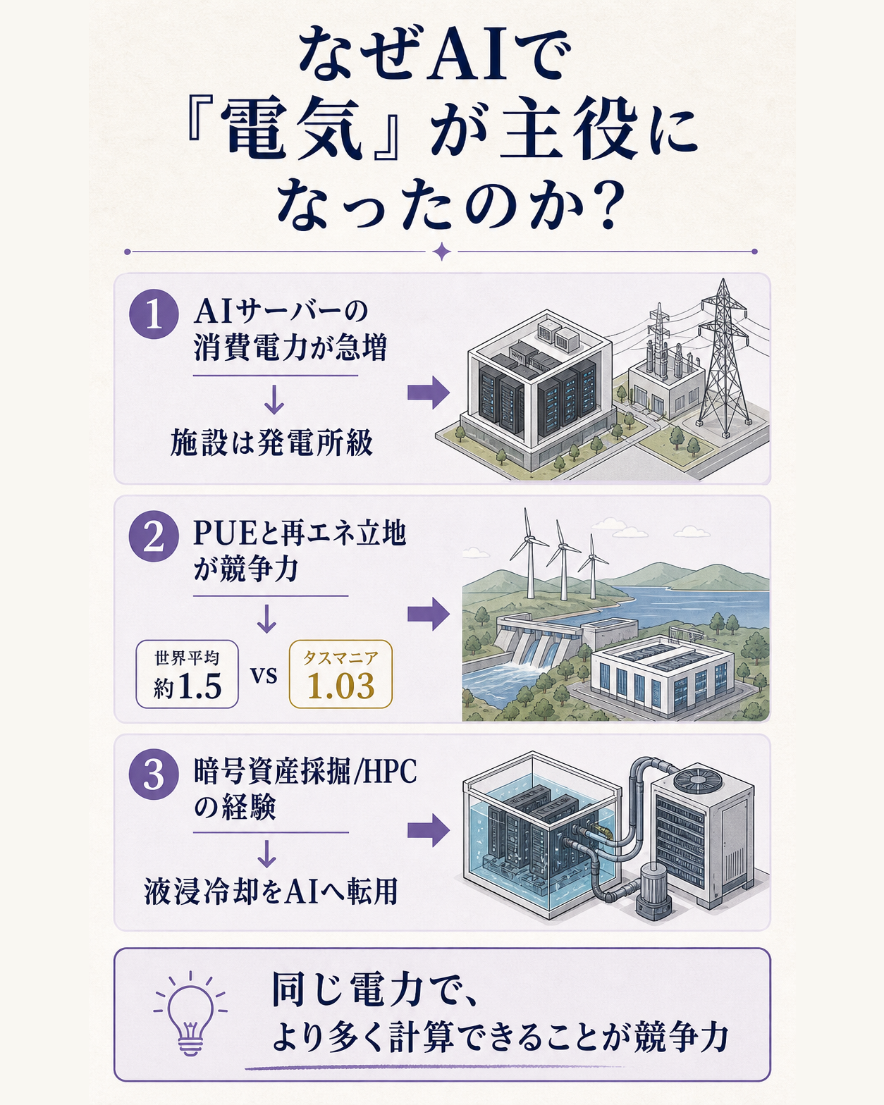 なぜ電気が主役になったのかという問いを、AIサーバーの消費電力急増→電力効率(PUE)と再エネ立地が競争力→暗号採掘由来の液浸冷却という3段で分け、同じ電力でより多く計算できることが競争力になると答える仕組み図