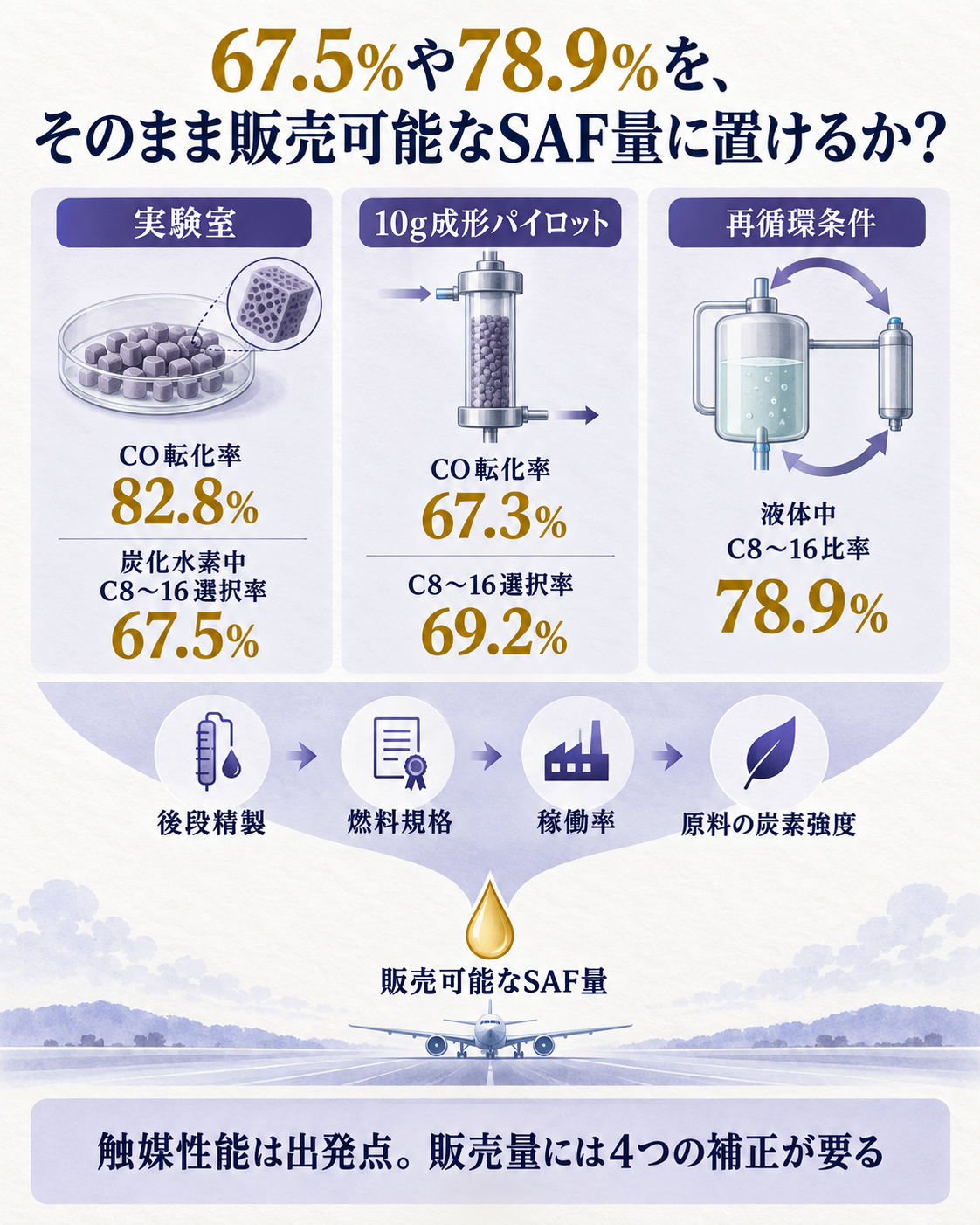 新触媒の数字を実験室、成形パイロット、事業化の三段階に分け、同じ割合に見える数値の分母が違うことを示す縦長図。問いは、67.5%や78.9%をそのまま販売可能なSAF量に置けるか。実験室ではCO転化率82.8%と炭化水素中C8〜16選択率67.5%、成形パイロットではCO転化率67.3%とC8〜16選択率69.2%、ガス再循環時は液体中C8〜16比率78.9%と示す。その下に、精製歩留まり、燃料規格、稼働率、原料の炭素強度を通って販売量になる流れを置く。答えは、触媒の割合は出発点であり、事業計画の販売量には四つの補正が要る、とする