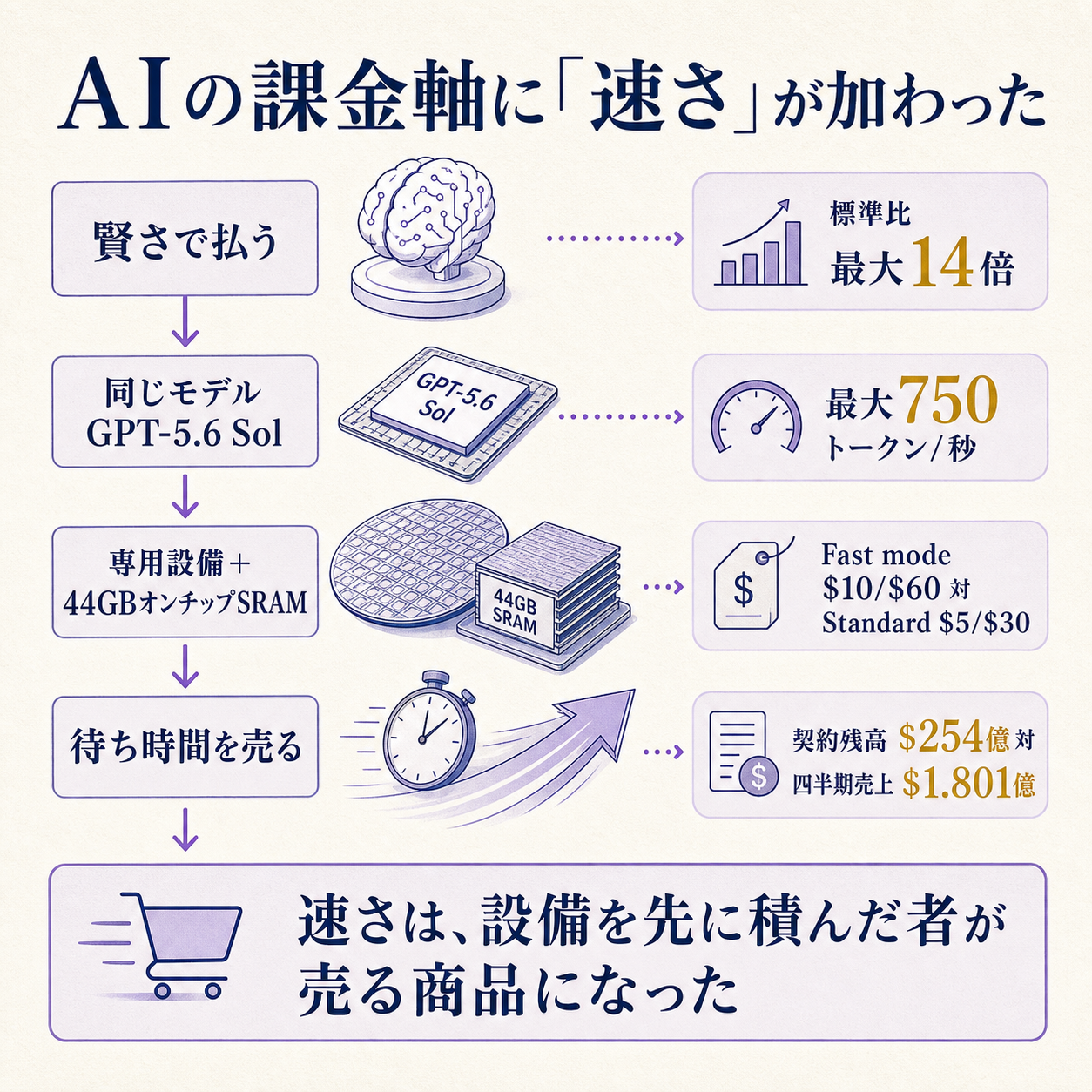 AIの料金は賢さで決まっていたが、そこに速さという第二の物差しが加わったという一本の因果を示す概要図。標準ティア比14倍・毎秒750トークンという性能と、既存のFast modeがすでに標準の2倍で売られている事実、そしてCerebrasの契約残高254億ドルに対し四半期売上が1億8,011万ドルにとどまる数値を根拠に、速さは設備を先に積んだ者が売る商品になったと結論づける図