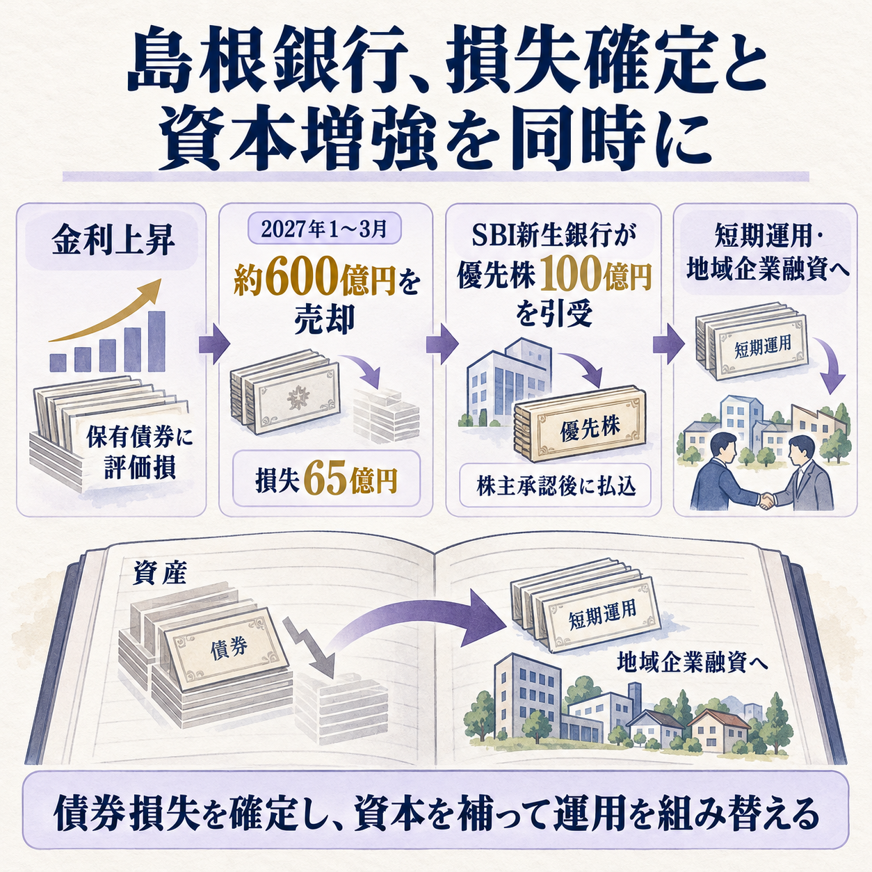 評価損を抱えた資産の売却と資本増強で運用を組み替える流れ