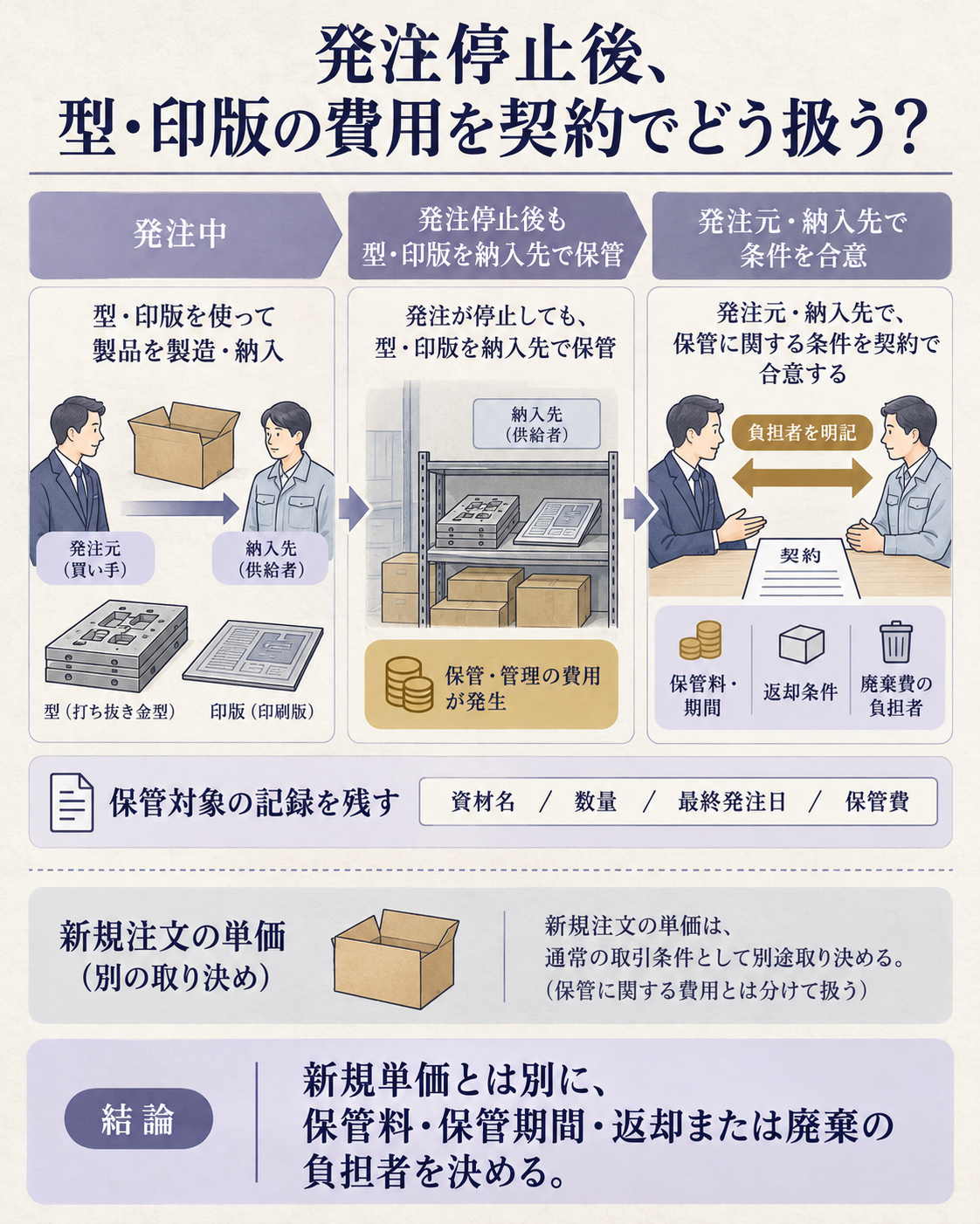 発注停止後に生じる型・印版の保管費を発注元と納入先のどちらが負担するかを示す図