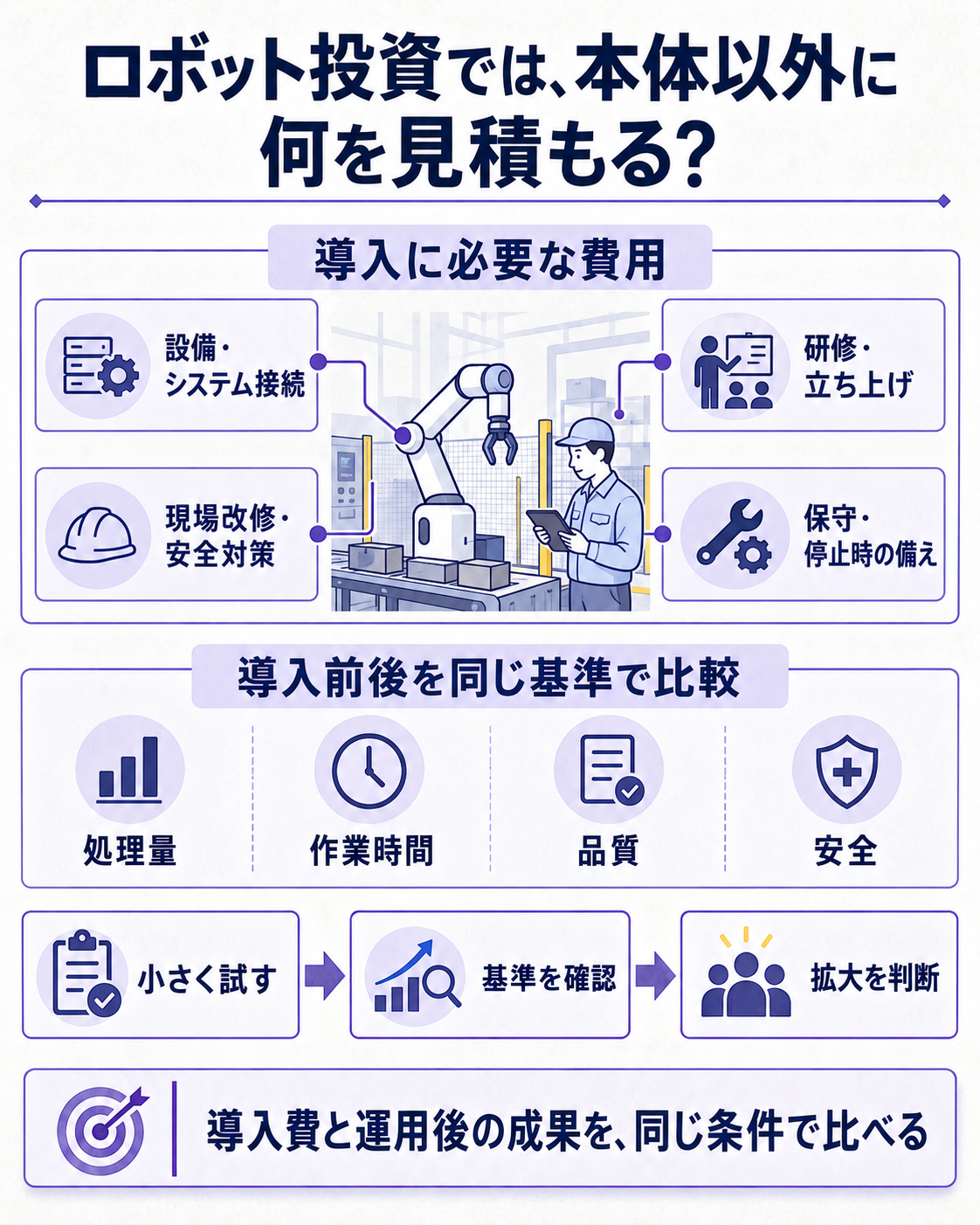 機器本体以外の費用と現場条件を含めて投資判断する項目