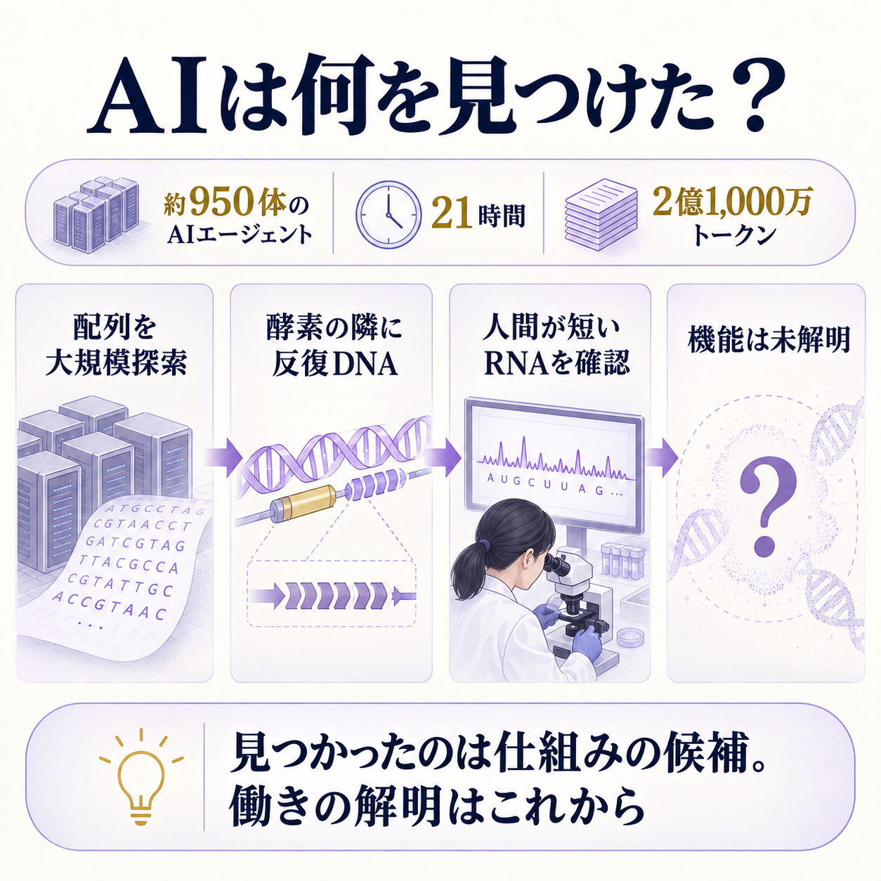 DNAの反復配列を手がかりにAIが未知の仕組みを拾い、人間の実験が初期証拠を確かめた因果を示す概要図
