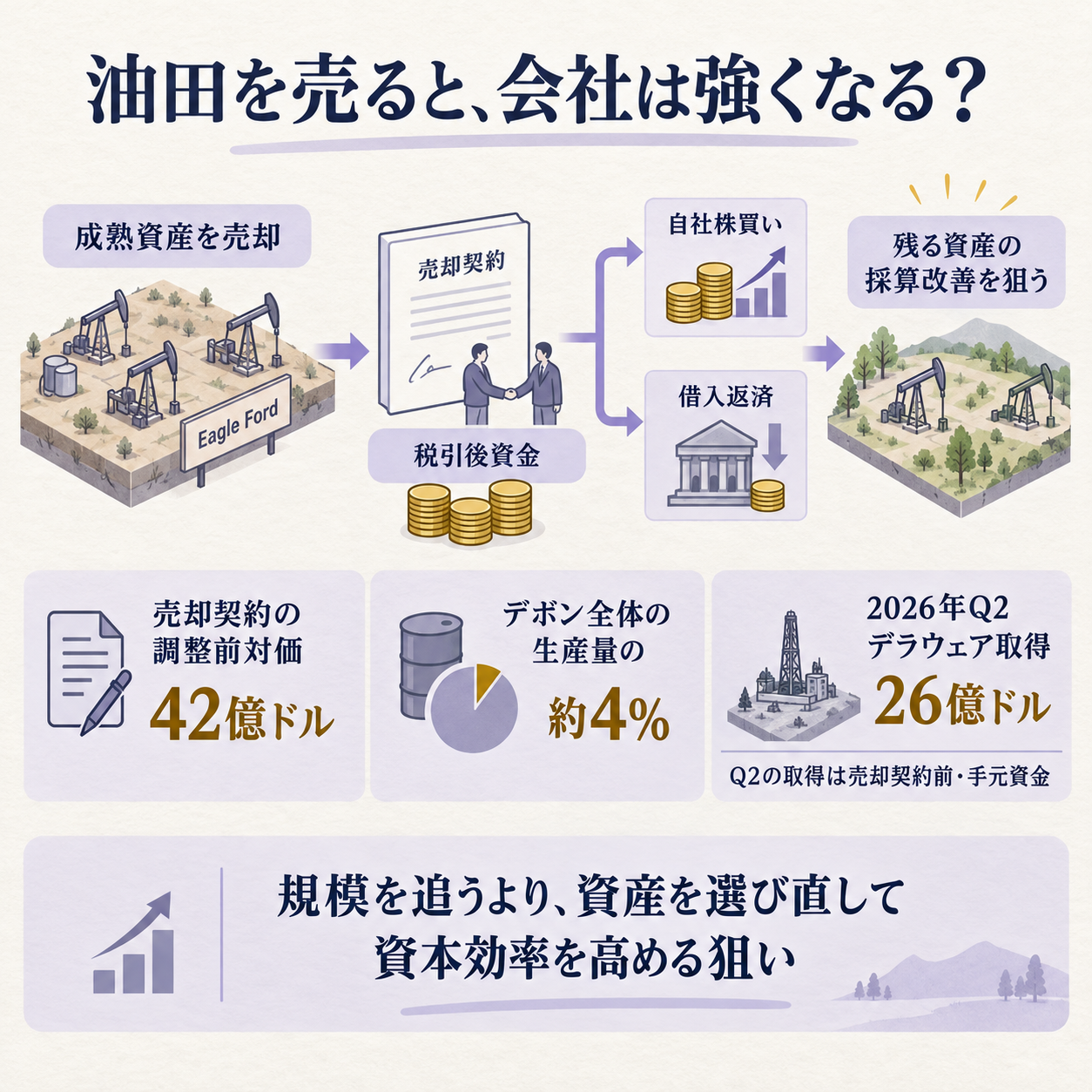 油田売却から資金配分と残る事業の変化までを示す概要図