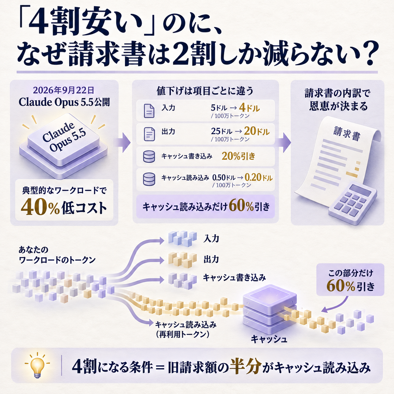 値下げが4割効く条件と2割しか効かない条件を、料金の内訳から示した概要図