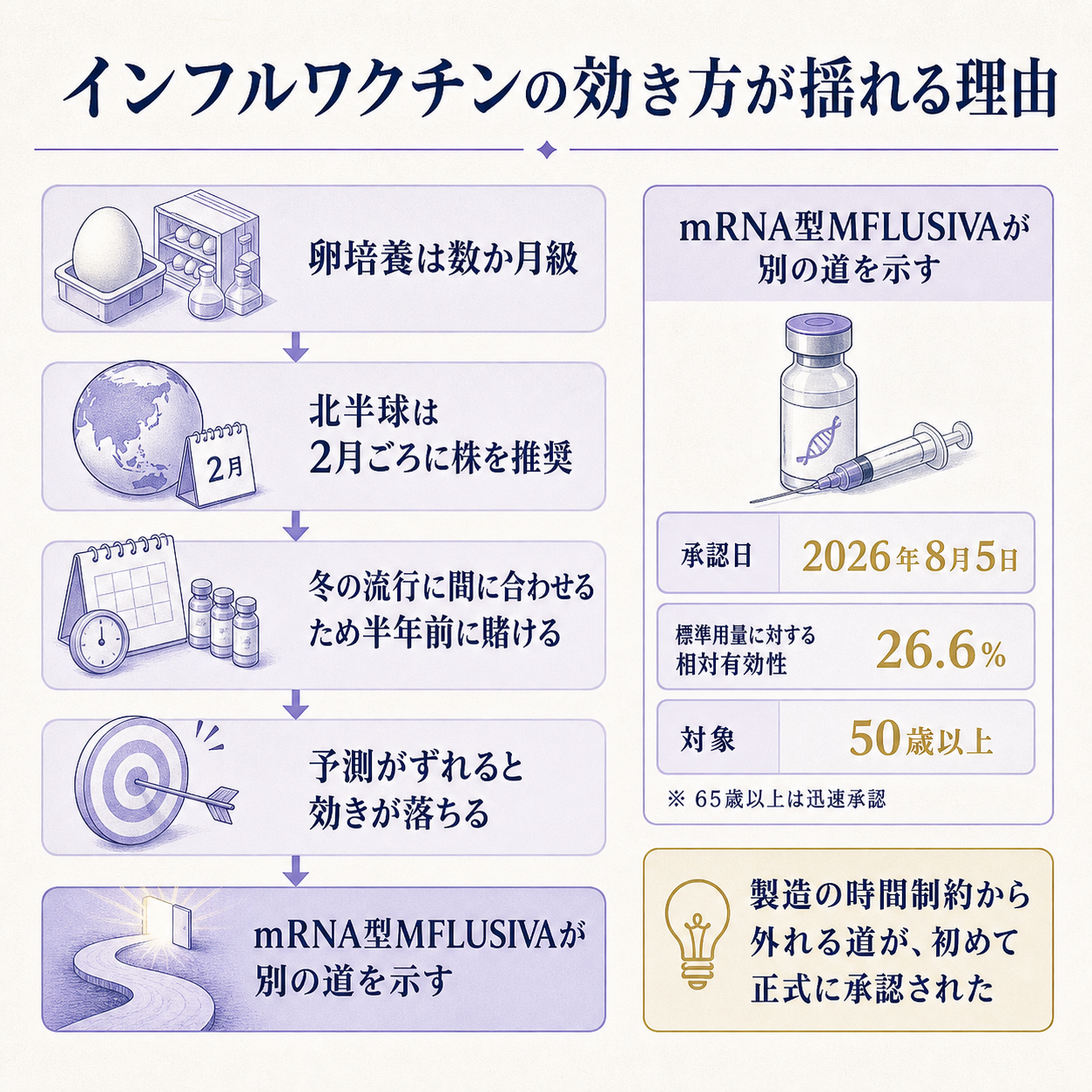 毎年のインフルエンザワクチンが鶏卵で半年かけて作られ流行の半年前に株を選ぶ必要があるという制約に対し、米国が2026年8月5日に初のmRNA型ワクチンMFLUSIVAを承認したことで設計図の差し替えで作る道が開いた流れを、承認日と相対有効性26.6%、65歳以上は迅速承認という3つの根拠で一本の因果として示した概要図