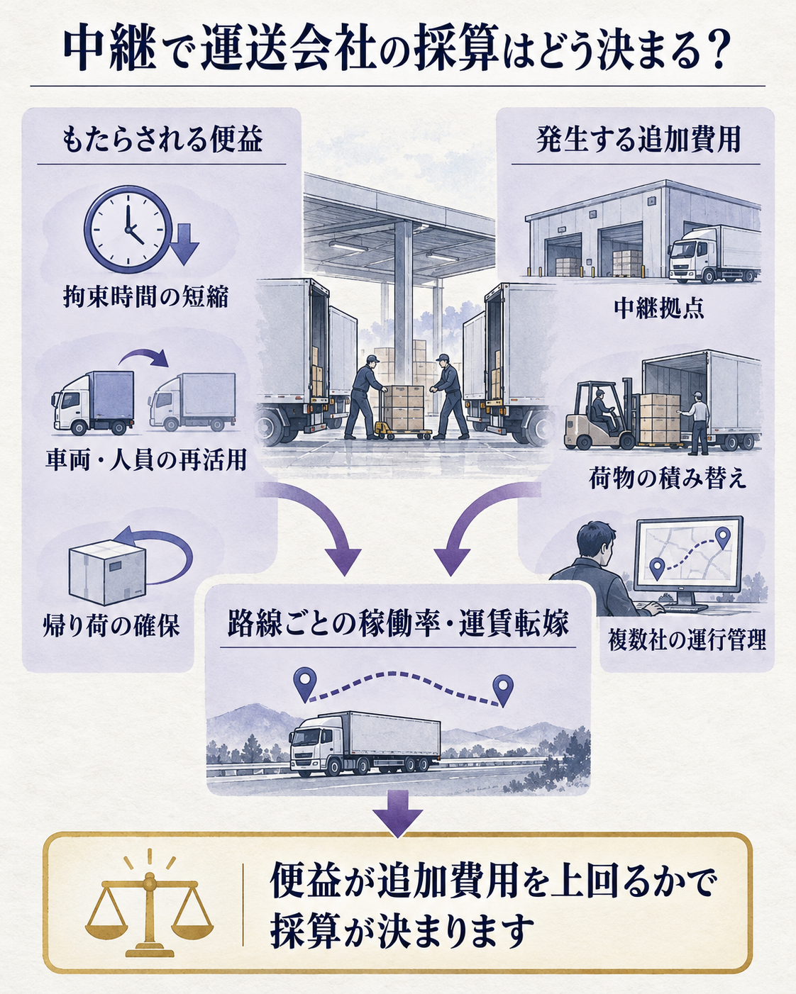 中継輸送の便益と追加コスト