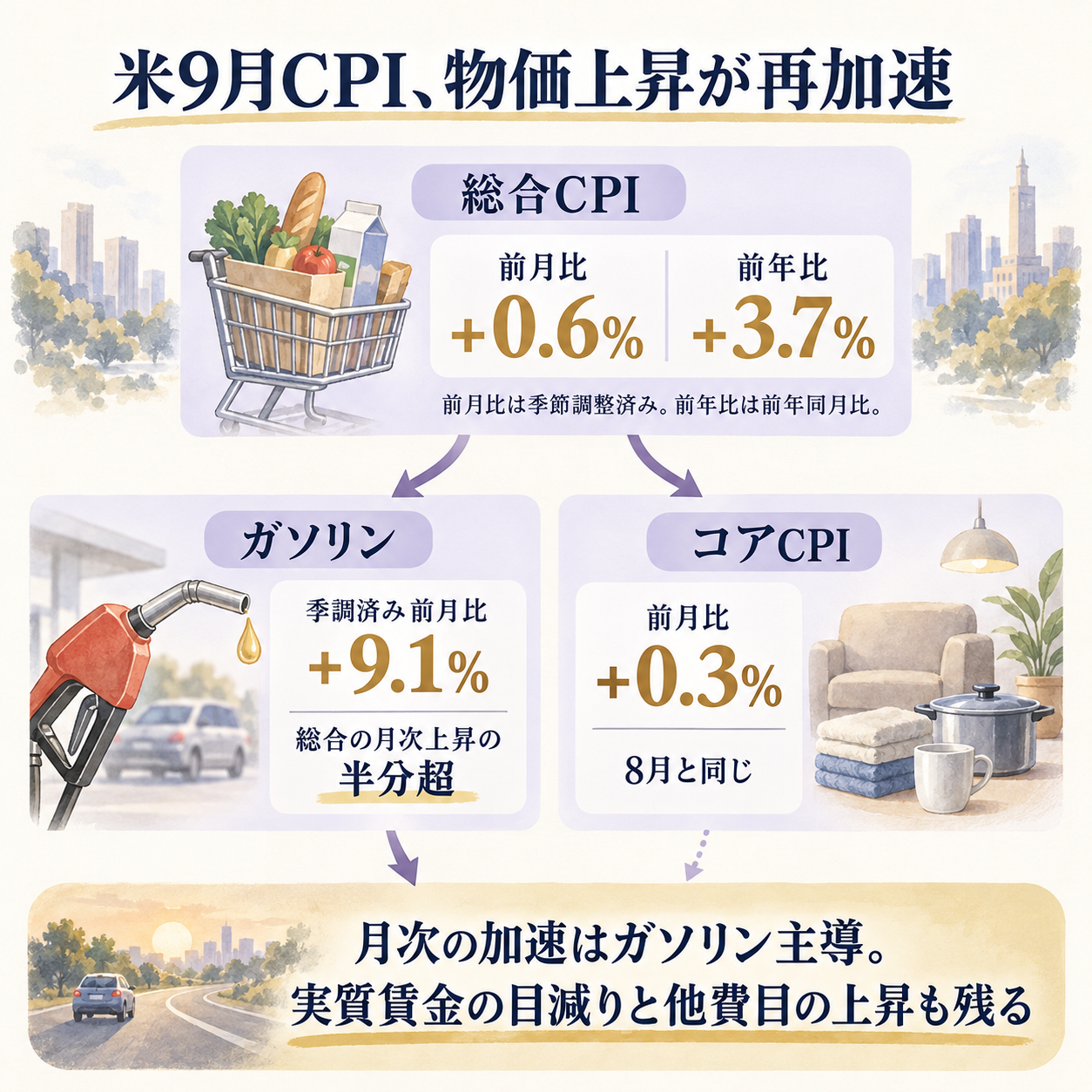 米9月の物価上昇をガソリンと基調物価に分け、実質賃金への影響につなぐ図