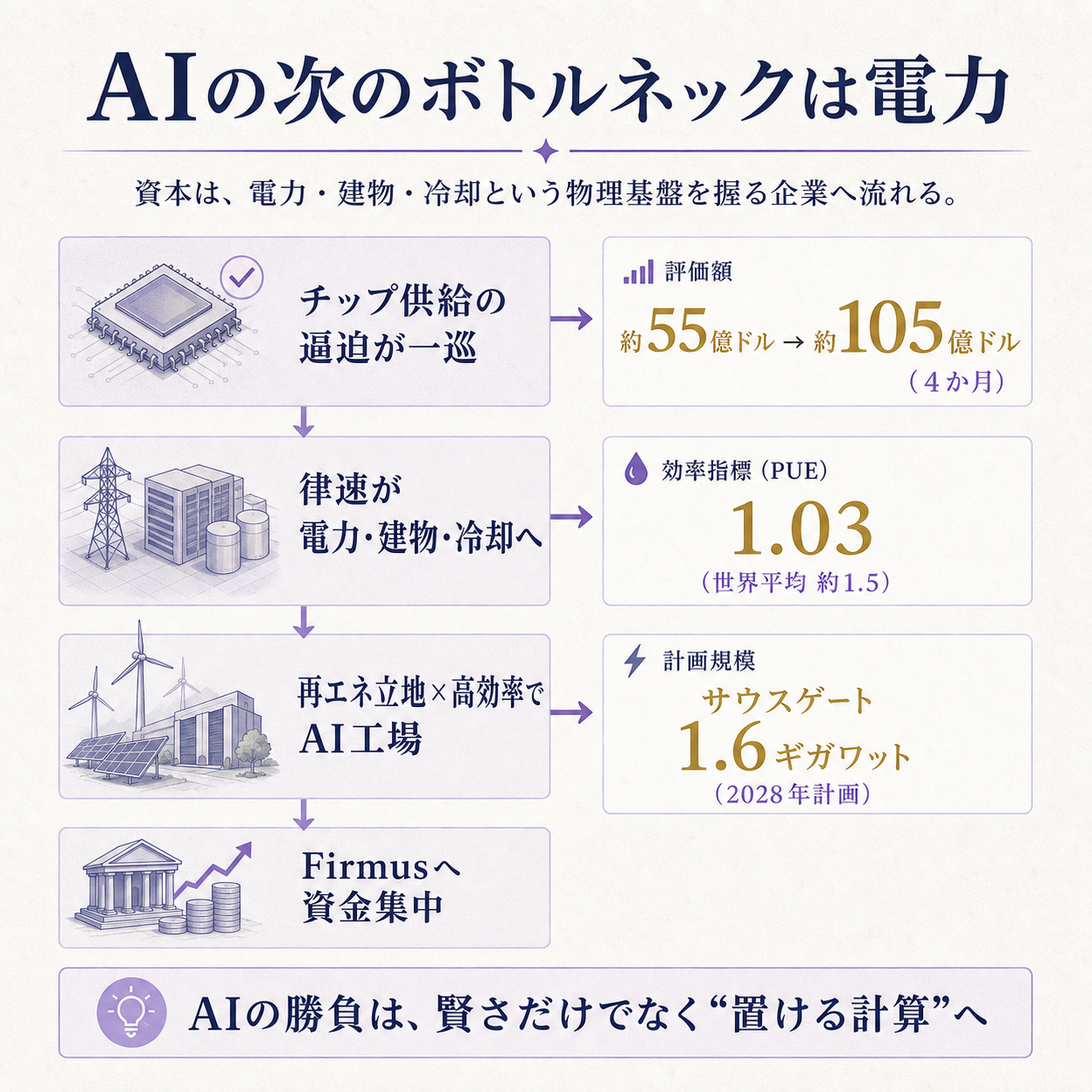 AIの勝負を決めるのは何かという問いに対し、チップ供給の逼迫が一巡して律速が電力・建物・冷却へ移り、その土台を握るFirmusに資金が集まったという流れを、評価額55億→105億ドル・PUE1.03・サウスゲート1.6ギガワットの3数値で一本の因果として示す概要図