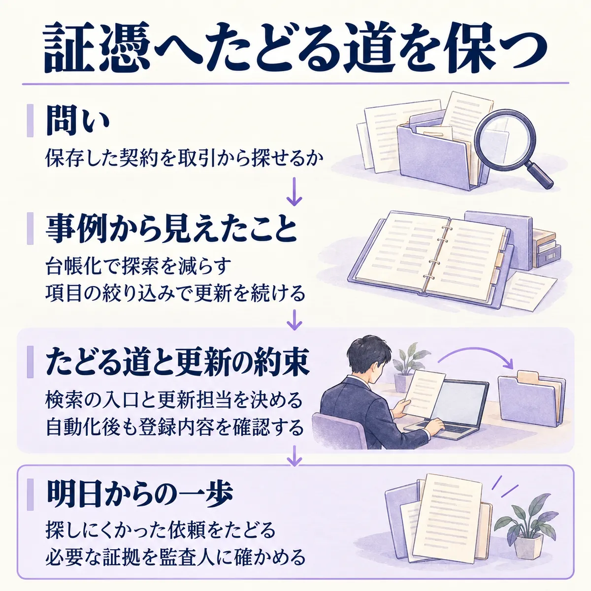 台帳化と項目の絞り込みの経験を比べ、編集部は検索の入口と更新の約束を一緒に決めることを提案します。明日は実際の依頼をたどり、必要な証拠を確かめます。