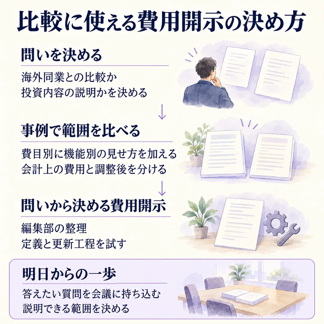 海外比較と投資内容の説明では必要な費用区分が違います。費目別と機能別、会計上の費用と調整後の説明を分けて考え、編集部の提案として定義と更新工程を試します。