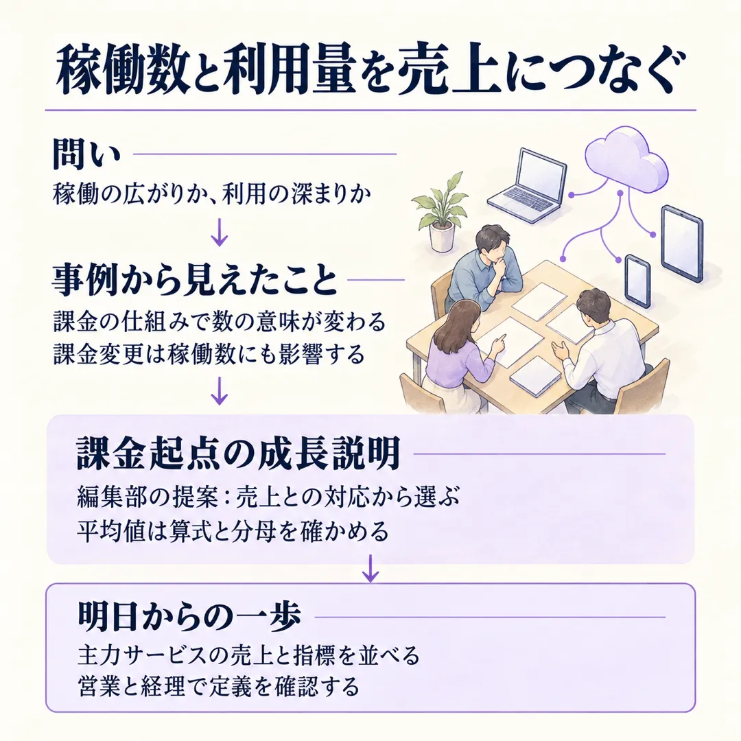 二社の開示から、稼働数と利用量を課金の仕組みで読み分けます。編集部は売上との対応から指標を選び、明日は営業と経理で定義を確かめることを提案します。