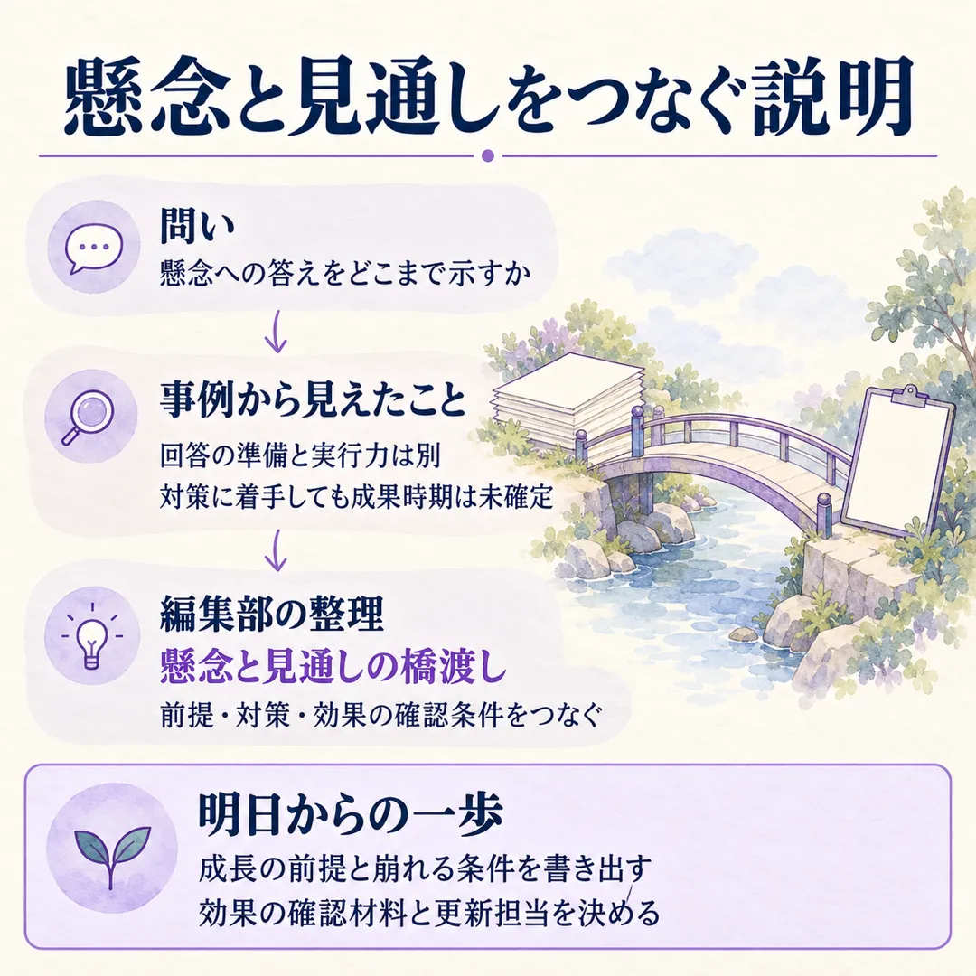 懸念への回答、現場の実行力、効果を見込む判断を分けて考えます。編集部は、成長の前提と崩れる条件から説明を組み立て、確認材料と更新担当を決めることを提案します。