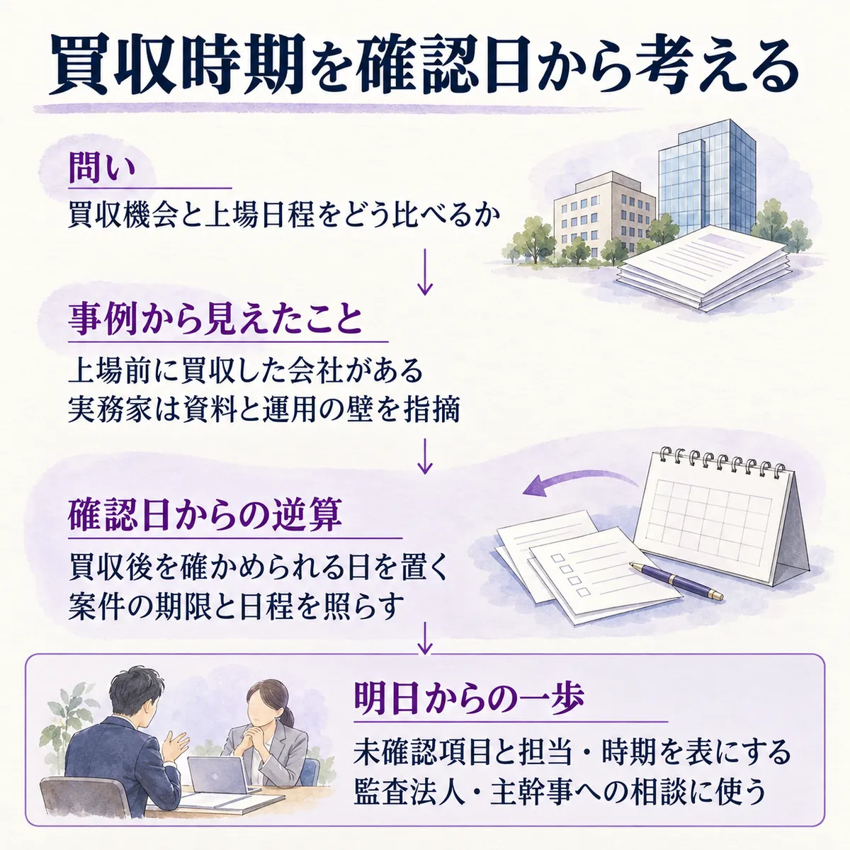 上場前の買収例と実務家が挙げる壁を比べ、買収後を確認できる日から日程を逆算する編集部の提案。明日は未確認項目、担当、確認時期を表にして相談します。
