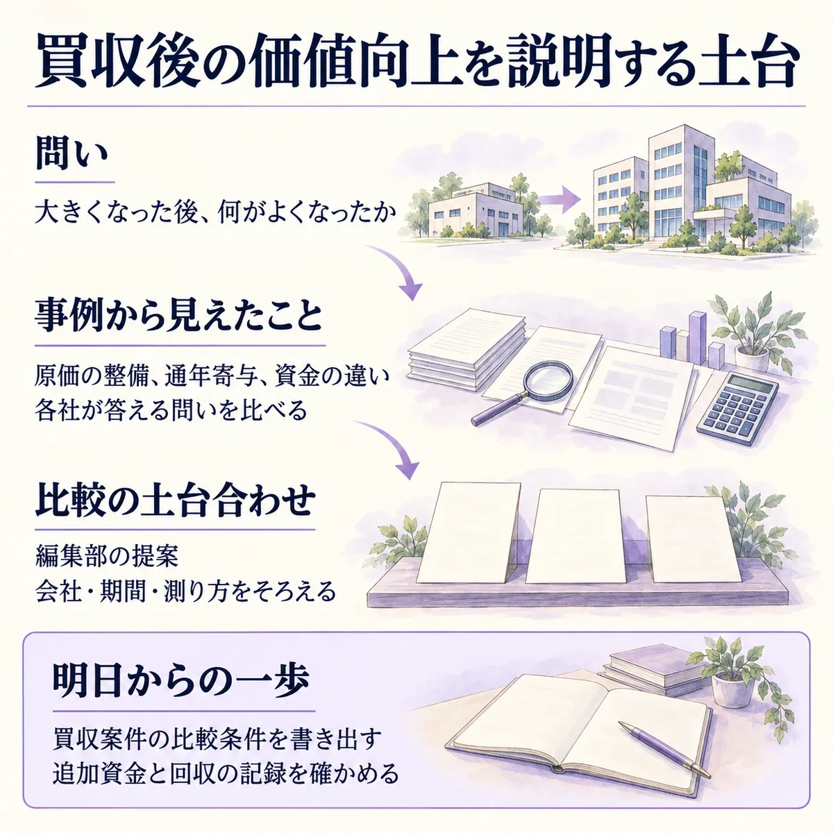 各社の原価整備、通年寄与の予想、資金収支の説明を比べ、編集部は会社・期間・測り方をそろえる方法を提案します。明日は買収案件の比較条件と、追加資金・回収の記録を確かめます。