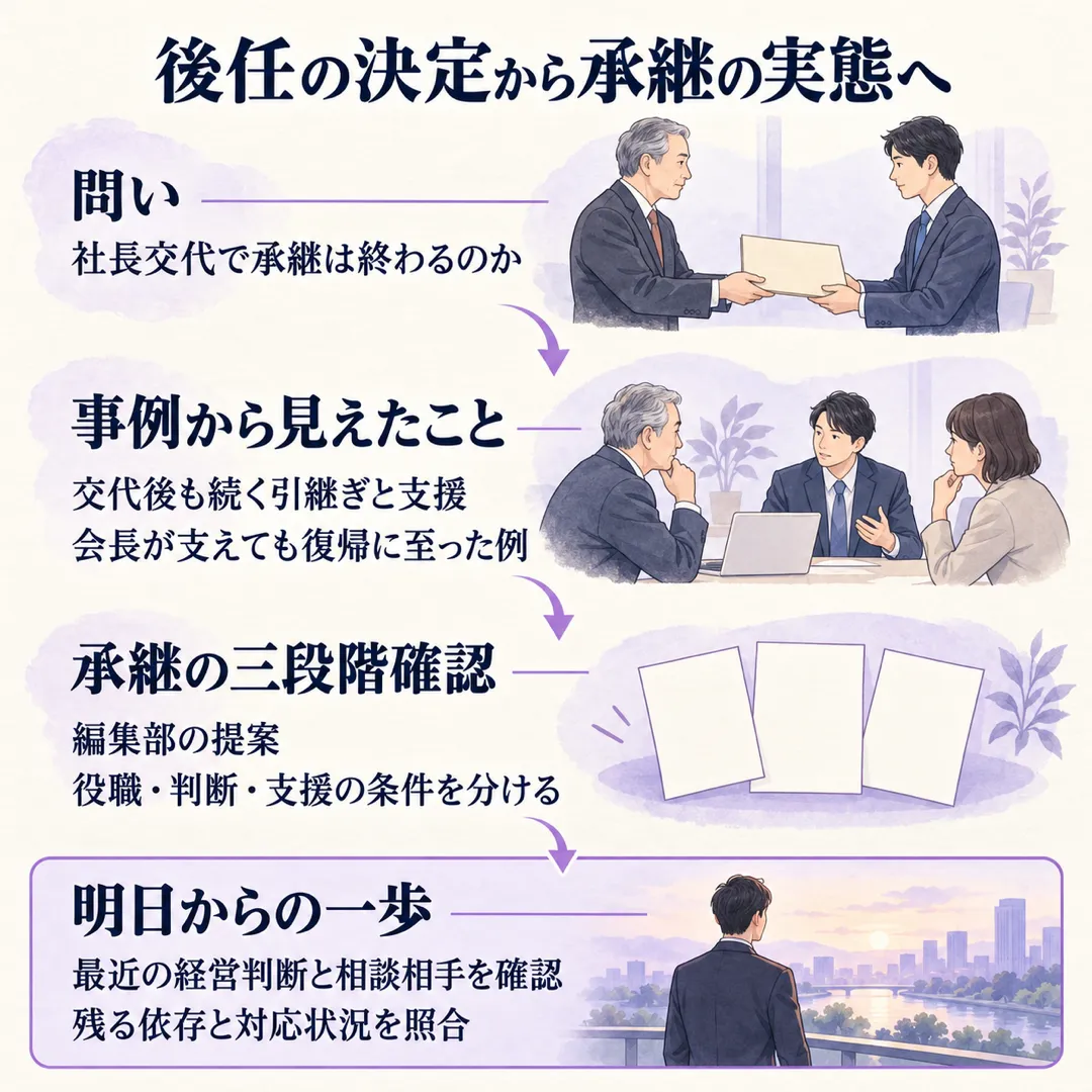 社長交代後も引継ぎが続く例と、会長の支援がかみ合わなかった例を比較。編集部は役職・判断・支援の条件を分け、最近の経営判断から残る依存を確かめる方法を提案します。