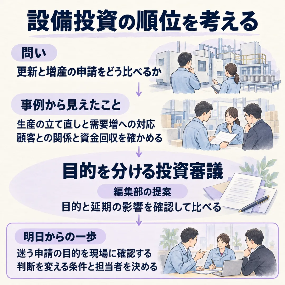 更新と増産の経験を比べ、編集部は目的を分ける投資審議を提案します。明日は迷う申請の目的と延期の影響、判断を変える条件と確認担当者を確かめます。