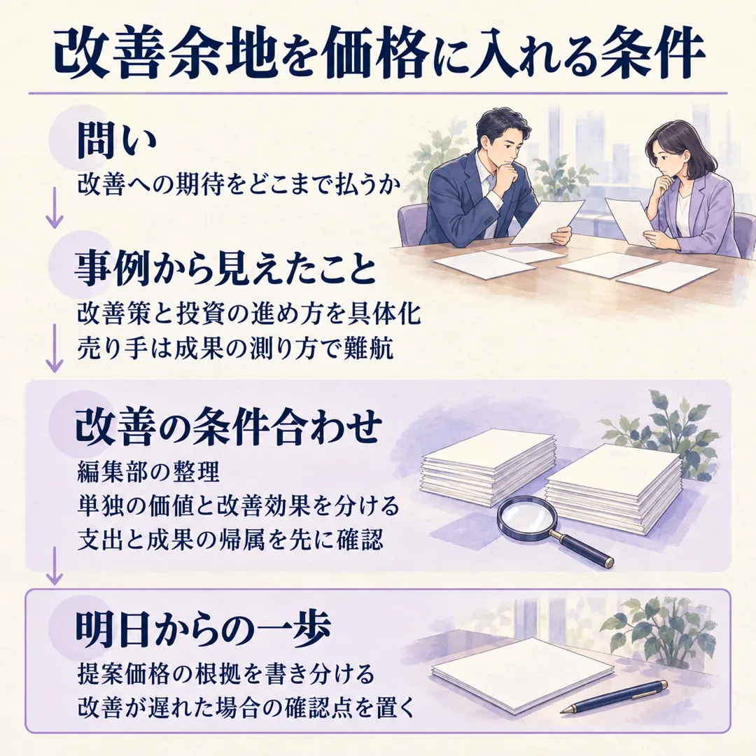 改善余地を価格に反映する前に、単独の価値と改善効果を分け、追加支出と成果の帰属を確認するという編集部の整理。明日は提案価格の根拠を書き分けます。