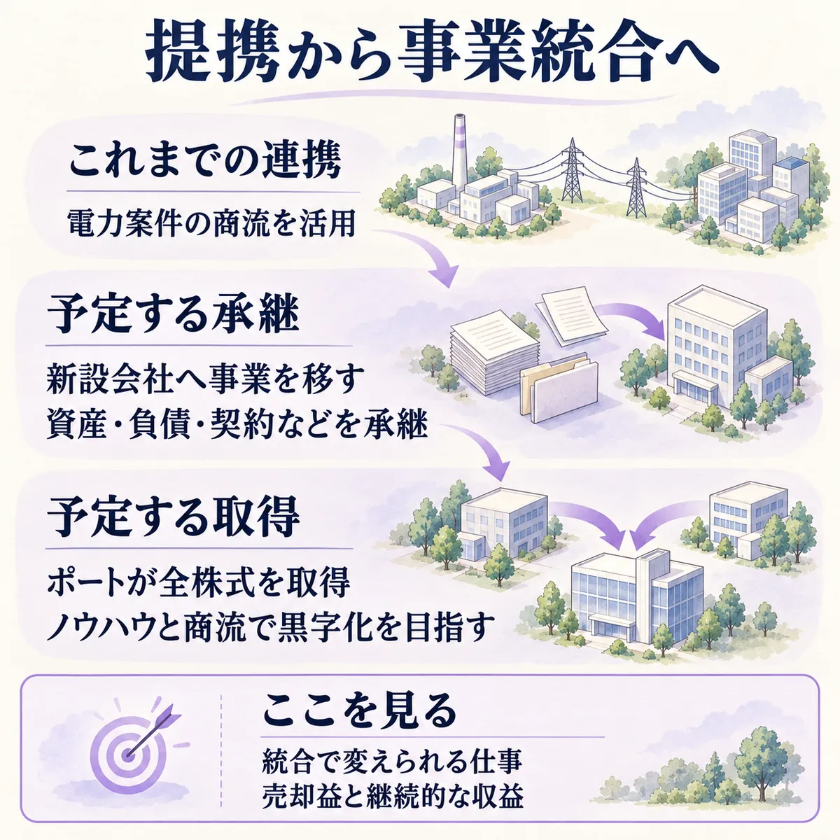 業務提携での商流活用から、新設会社への事業承継と全株式取得へ進む予定です。統合で変えられる仕事と、売却後の収益を確かめます。