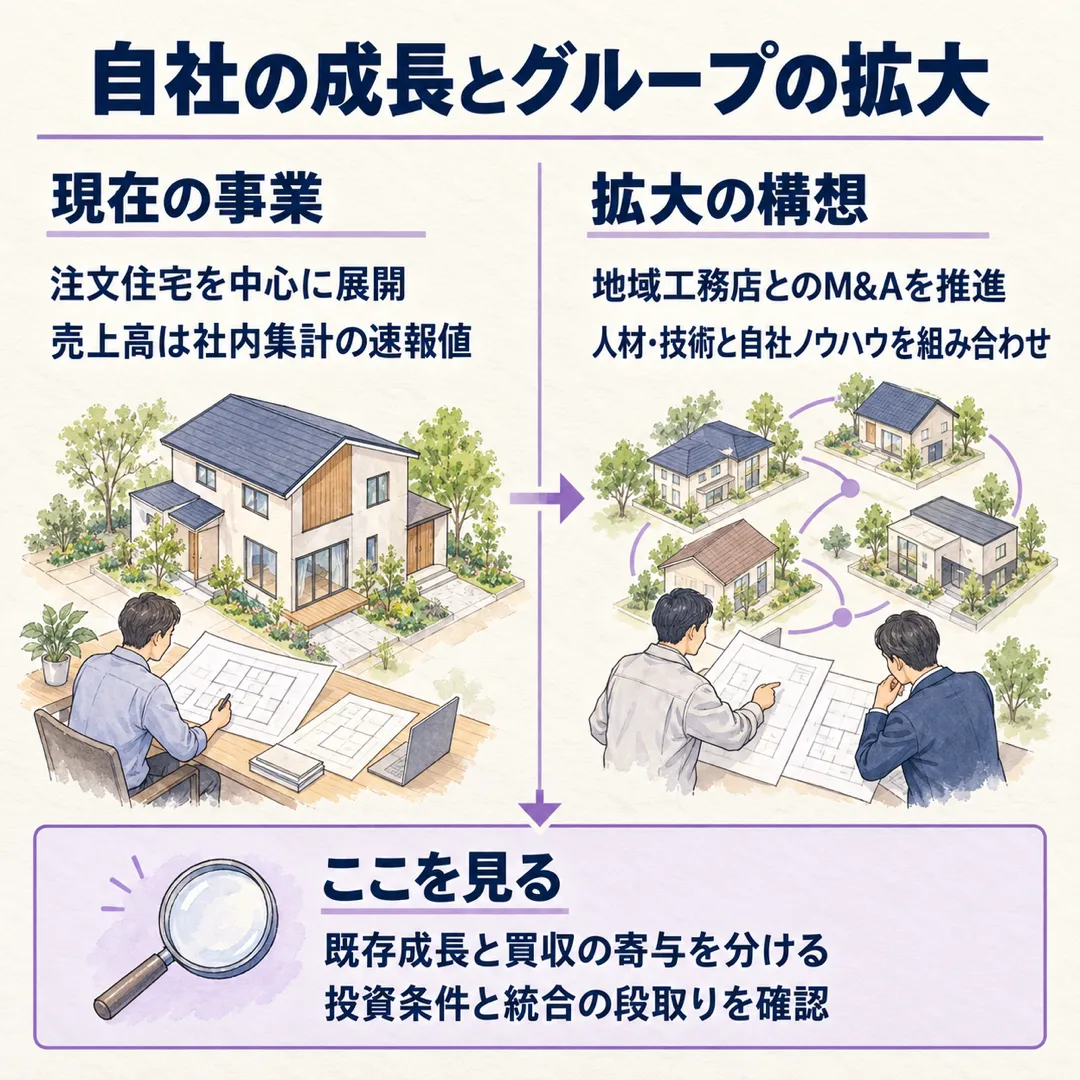 Gハウスは自社の注文住宅事業に加え、地域企業とのM&Aでグループ拡大を目指します。今後は売上寄与の内訳や投資条件、統合の段取りを確認します。