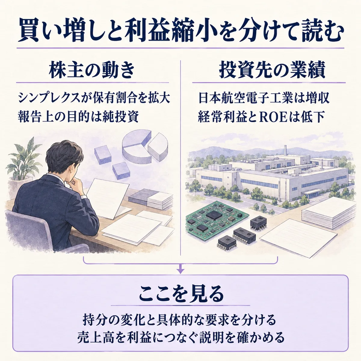 シンプレクスの保有割合拡大と、日本航空電子工業の増収・利益縮小を並べ、具体的な要求の確認と利益改善の説明を考える図