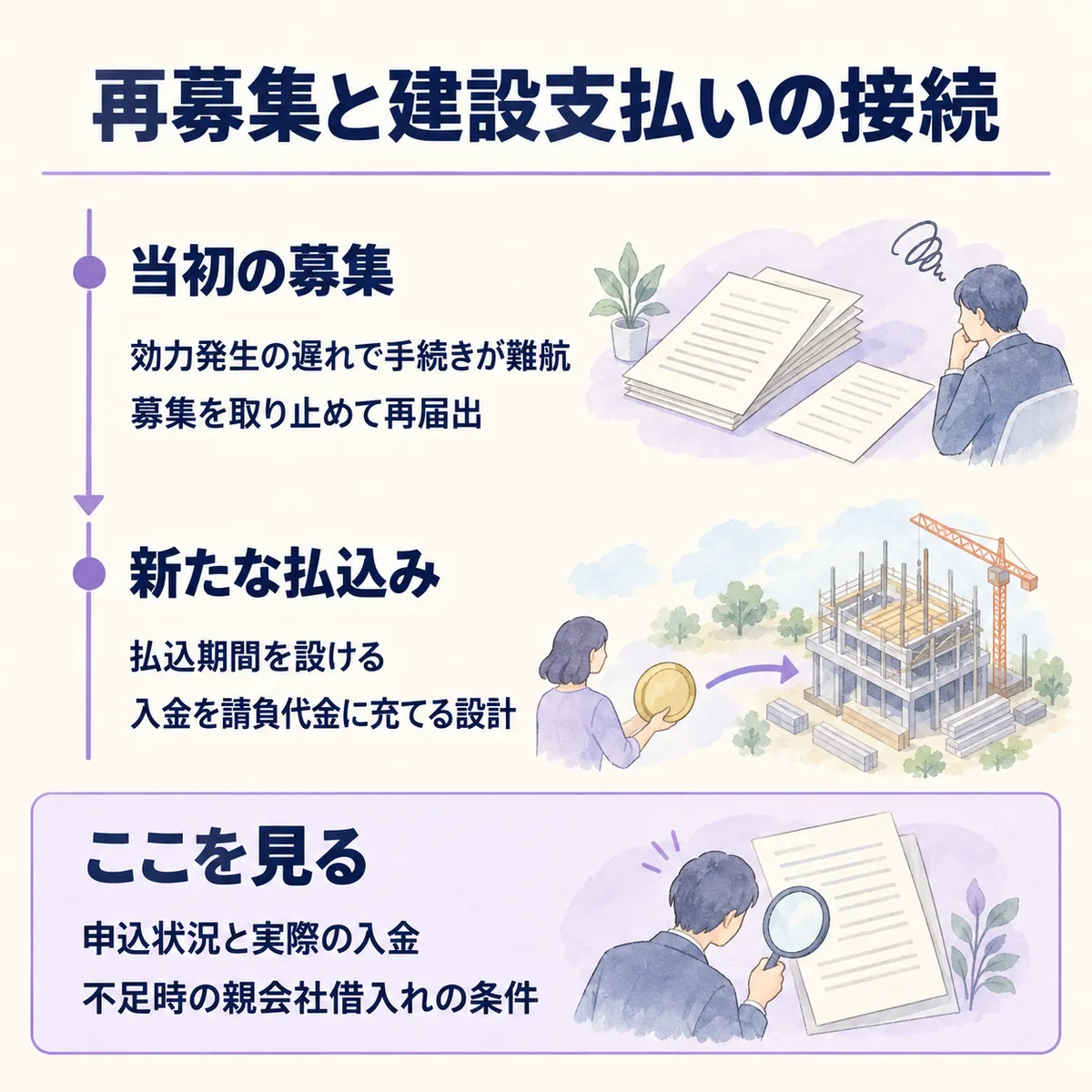 当初募集の取り止め後、払込期間を設けて建設代金に充てる設計に変更しました。実際の入金と不足時の借入条件を確認します。