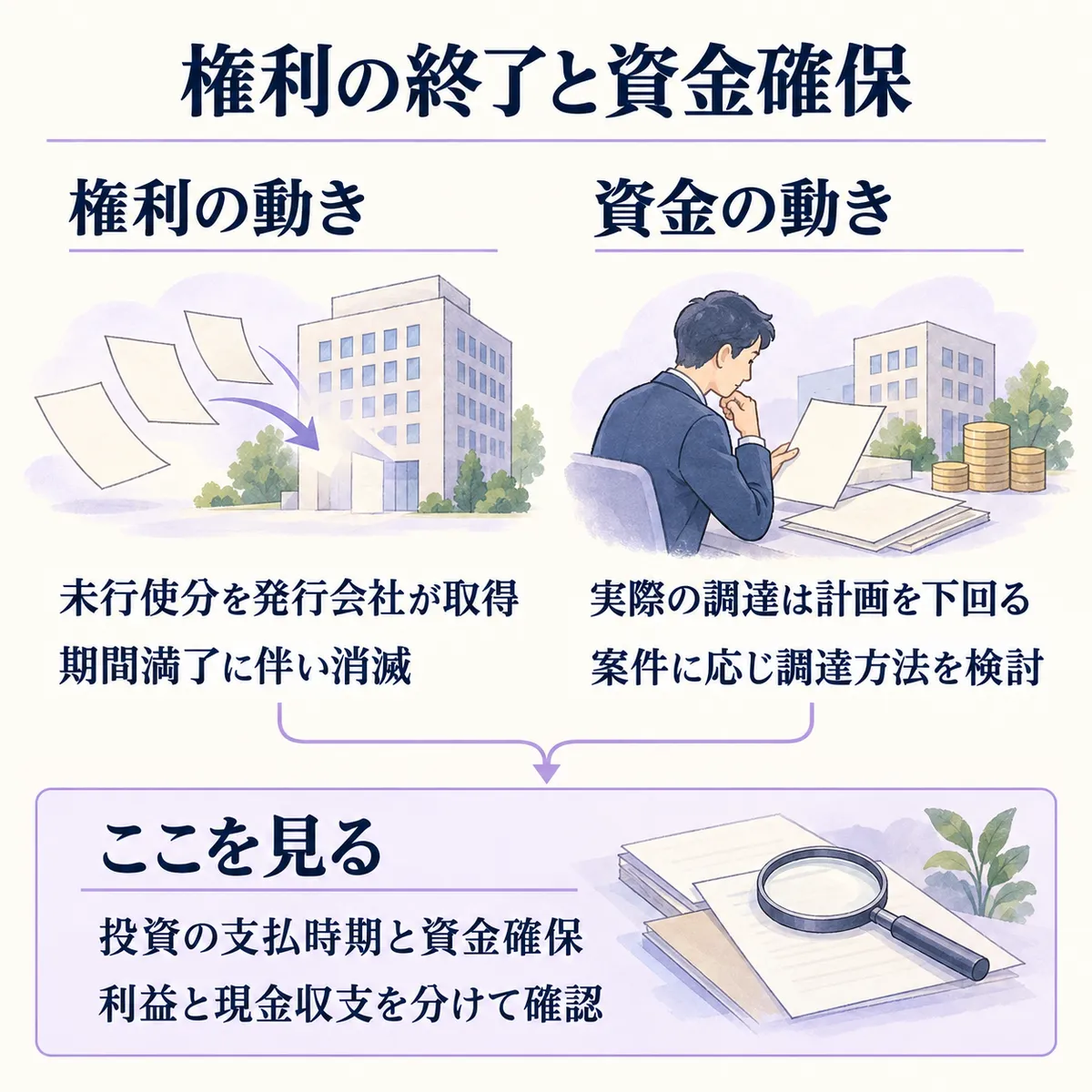 新株予約権の終了と、投資資金の確保は別の論点です。調達が計画を下回ったため、案件の支払時期と資金確保を確かめます。