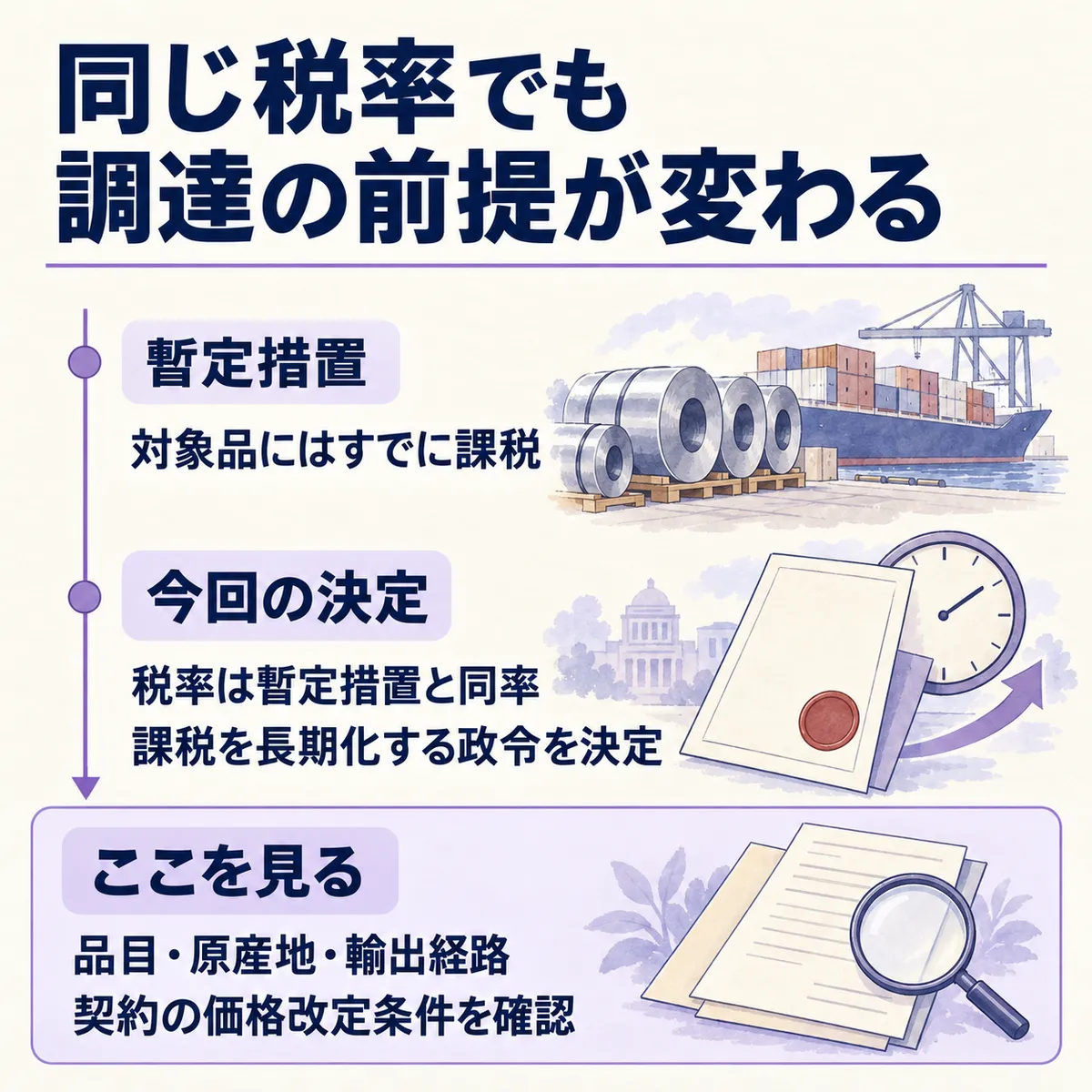 対象品への暫定課税から、同じ税率のまま長期の課税へ進みます。対象品目、原産地、輸出経路と契約条件を確認します。