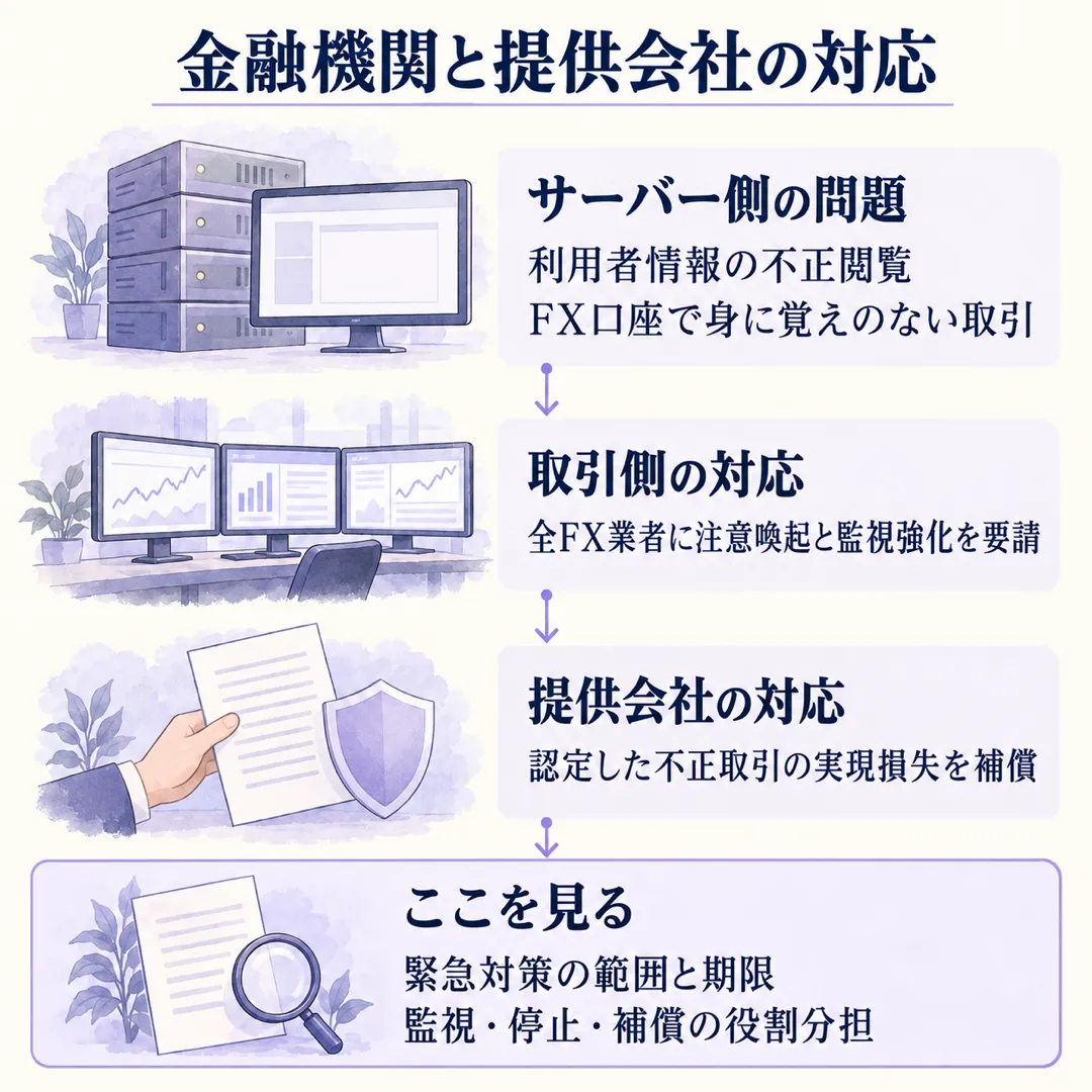 サーバーの利用者情報の不正閲覧を受け、金融庁は全FX業者に監視強化などを要請。提供会社は損失補償を表明しており、追加対策と役割分担を確かめます。