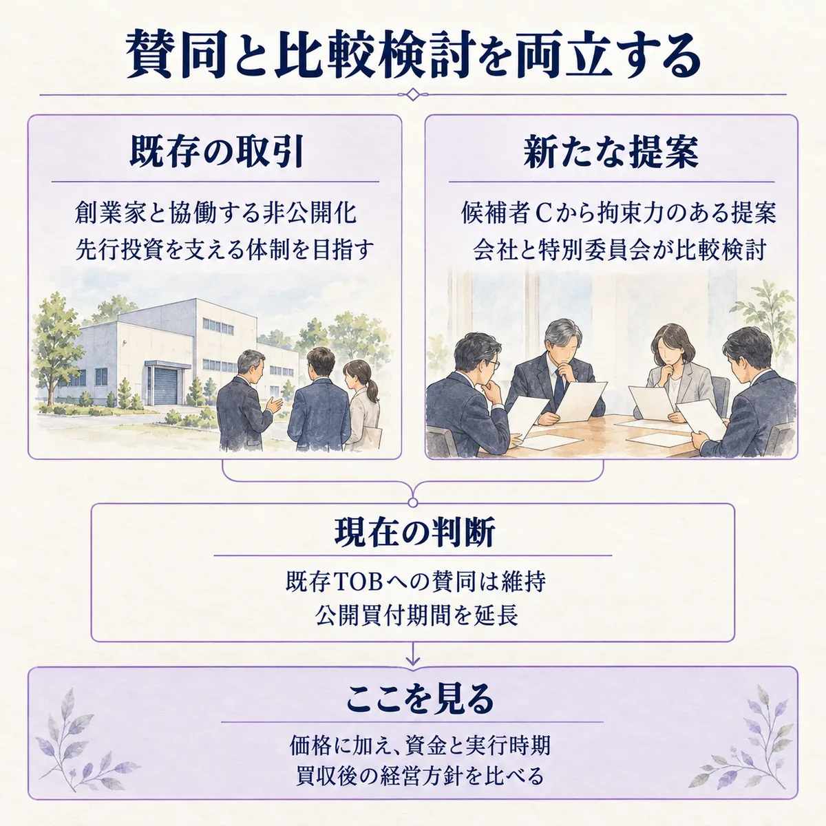 かどや製油は対抗提案を比較検討しながら既存TOBへの賛同を維持。価格だけでなく、資金調達能力や実行時期、買収後の経営方針が確認点です。