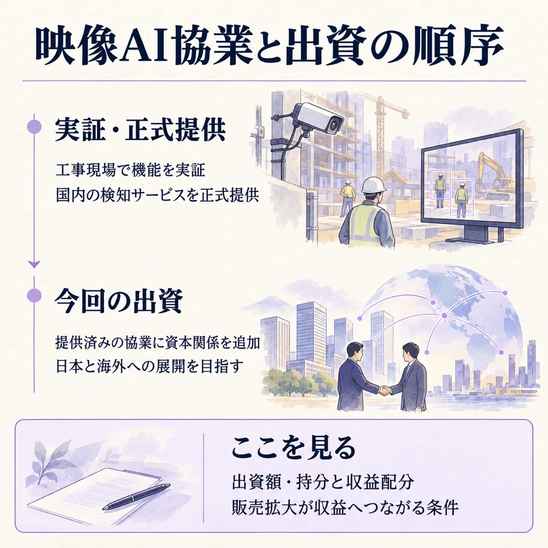 国内の工事現場で実証し正式提供を始めた映像AIの協業に、セーフィーが出資で資本関係を加えます。個別の投資額や収益配分、収益寄与が確認点です。