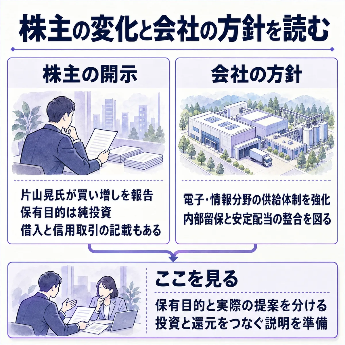 片山晃氏の買い増しは純投資目的。第一工業製薬は供給体制を強化し、内部留保と安定配当の両立を掲げます。保有の変化から要求を推測せず、対話と投資・還元の説明を確かめます。