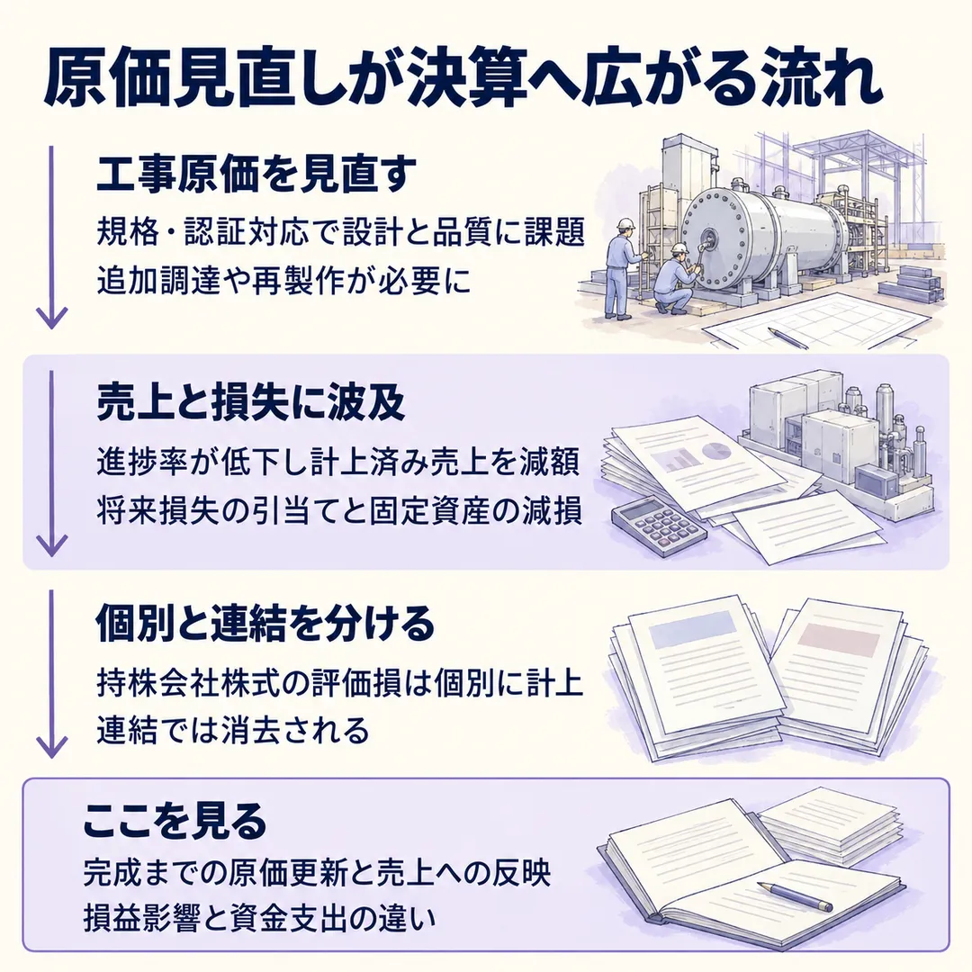 原価見通しの引上げで計上済み売上が減り、将来損失への引当てと固定資産の減損に波及。個別の株式評価損は連結で消去されます。原価更新と資金支出の見通しを確かめます。